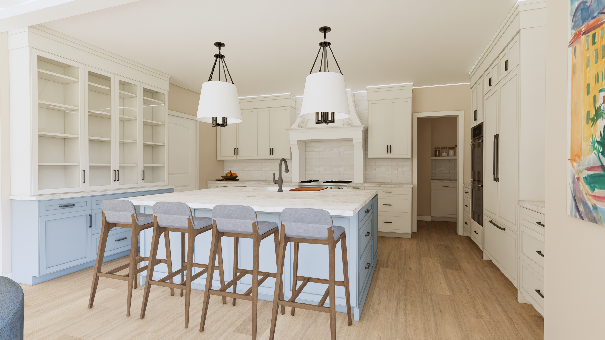 Modern kitchen with white cabinetry, a large island with a blue base, five wooden and fabric chairs at the island, a white range hood, two pendant lights, a backsplash, and colorful artwork on the wall.