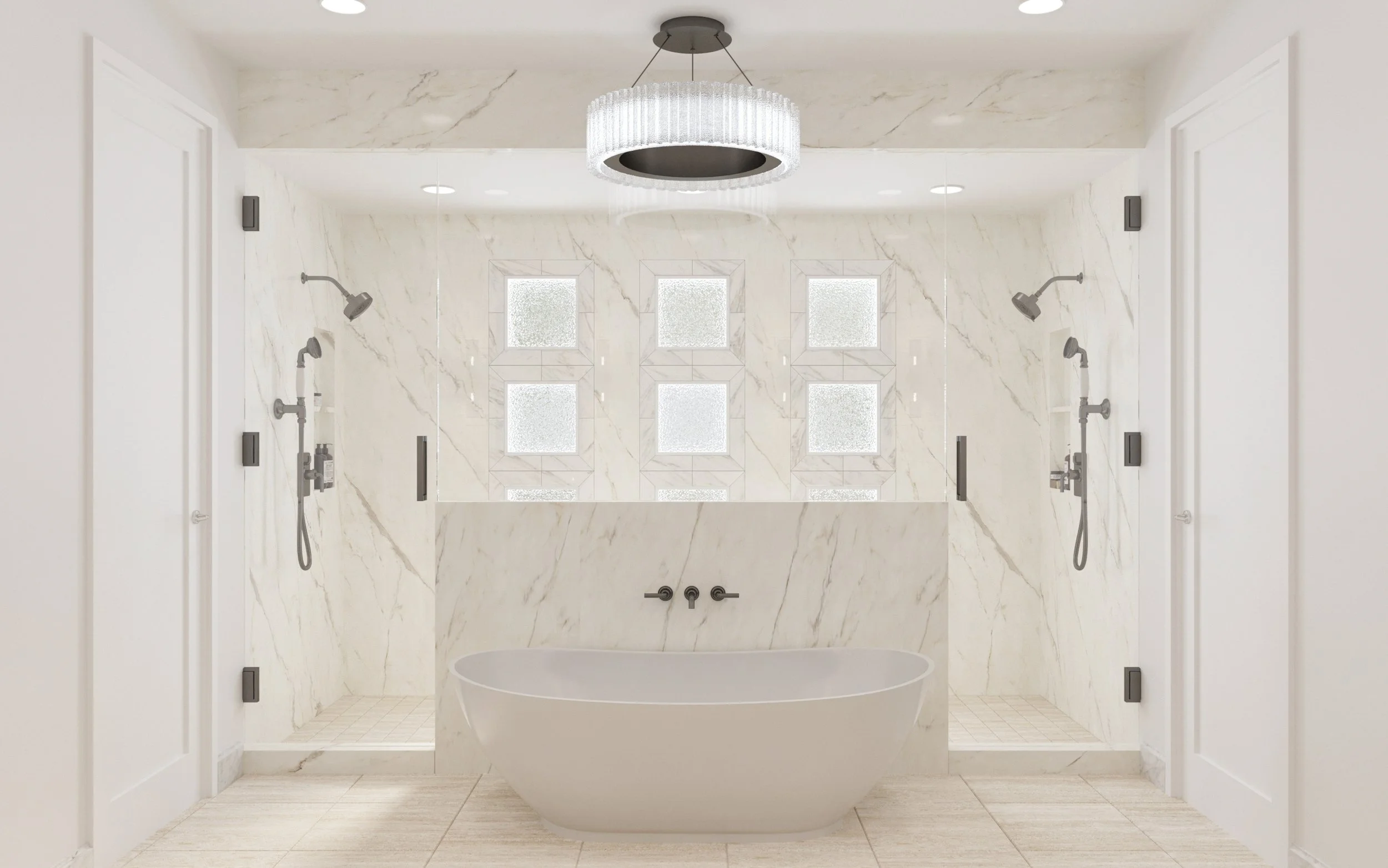 Modern white bathroom with marble walls, freestanding bathtub, two glass-enclosed showers with multiple showerheads, and a circular chandelier overhead.