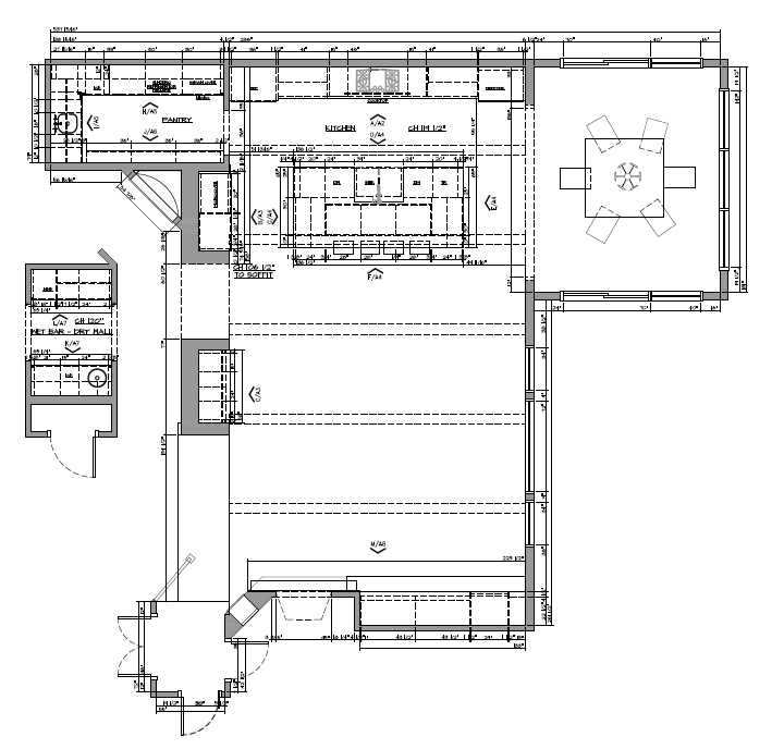 Floor plan of a building showing a kitchen, pantry, dining area, bar, and restroom with detailed measurements and layout.