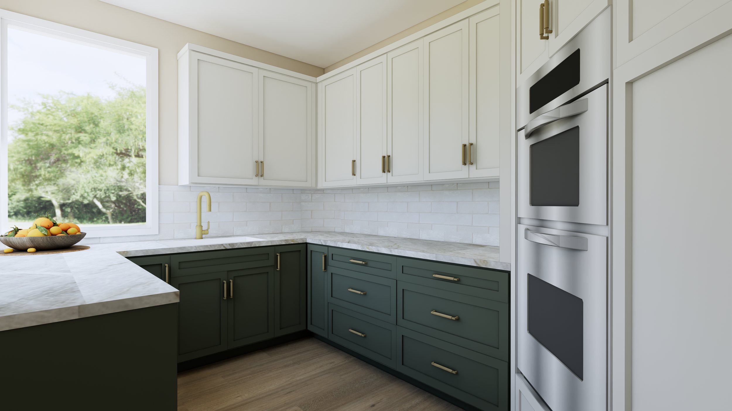 A modern kitchen with white upper cabinets and dark green lower cabinets, a marble countertop, a window with a view of green trees, and a black fruit bowl with yellow fruits.