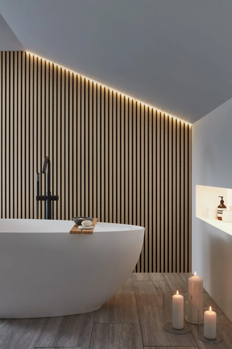  Bathroom wall panelling ideas: SlatWall Waterproof in Natural Oak and black, £119.99,   Naturewall  . 