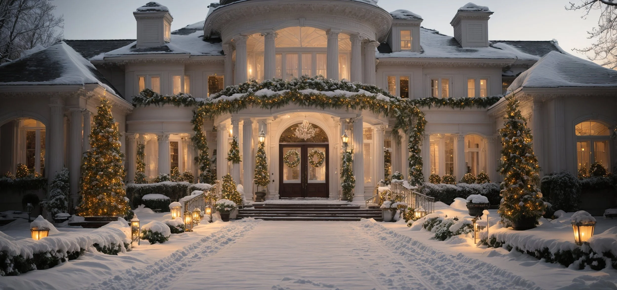 A large, elegant mansion decorated with Christmas lights and greenery, with snow on the ground and roof, illuminated by warm lights at dusk.