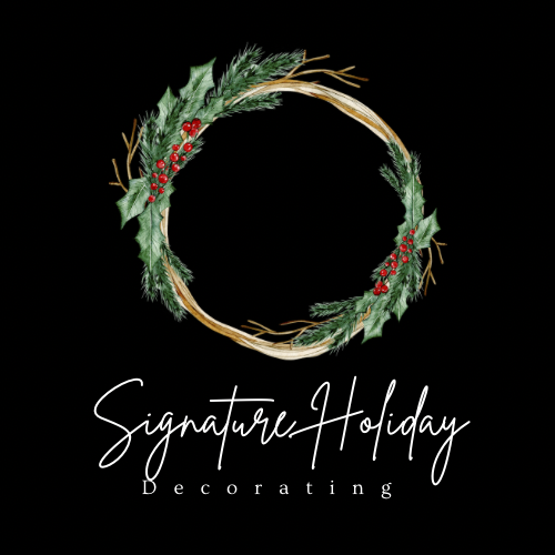 Holiday wreath with pine branches and red berries on a black background, with white script text reading 'Signature Holiday Decorating'.