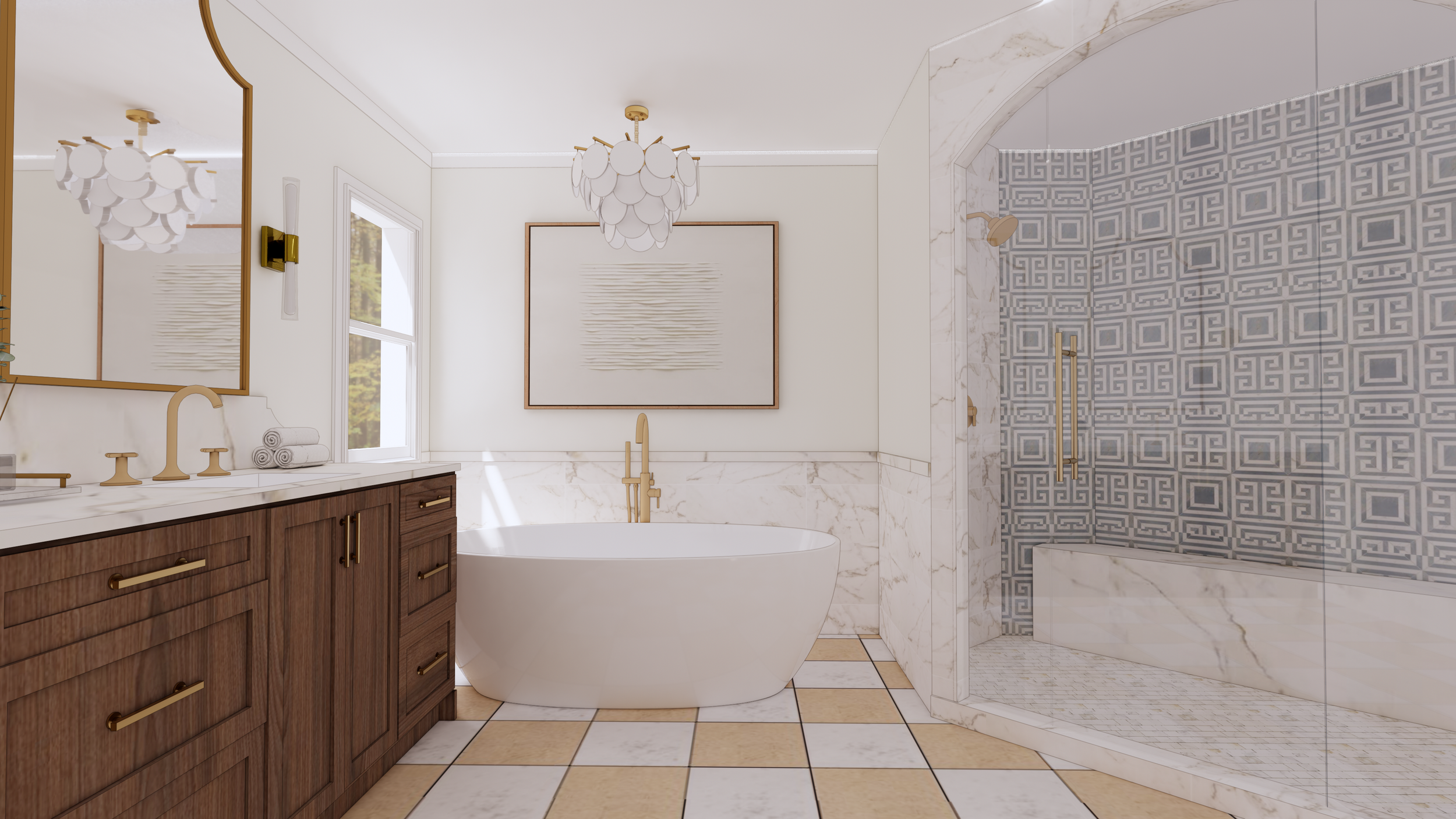 A luxurious bathroom with a white freestanding bathtub, a wooden vanity with a white countertop, and a glass-enclosed shower with patterned blue tiles. The room has marble accents, gold fixtures, and modern light fixtures, with natural light coming through two windows.