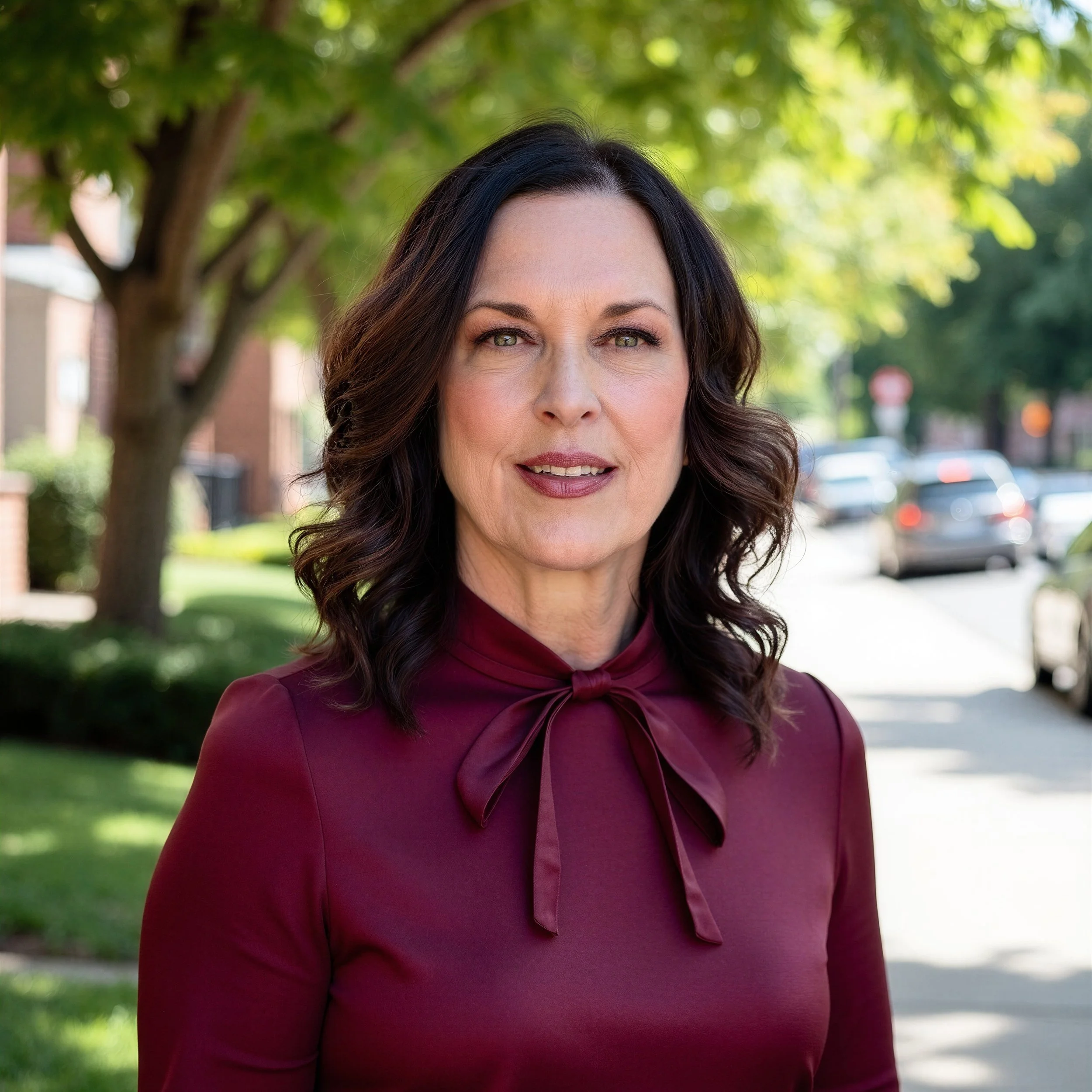 Close-up of a woman with dark hair, pale skin, and grayish-green eyes, standing outdoors with green trees and a blurred background of a park or street scene.
