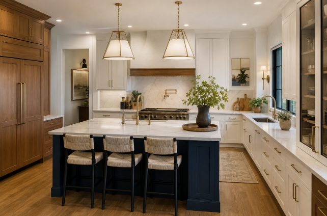 Modern kitchen with white and dark blue cabinets, a large white marble island with four bar stools, pendant lights, a stovetop with a wooden range hood, and plants near the window.