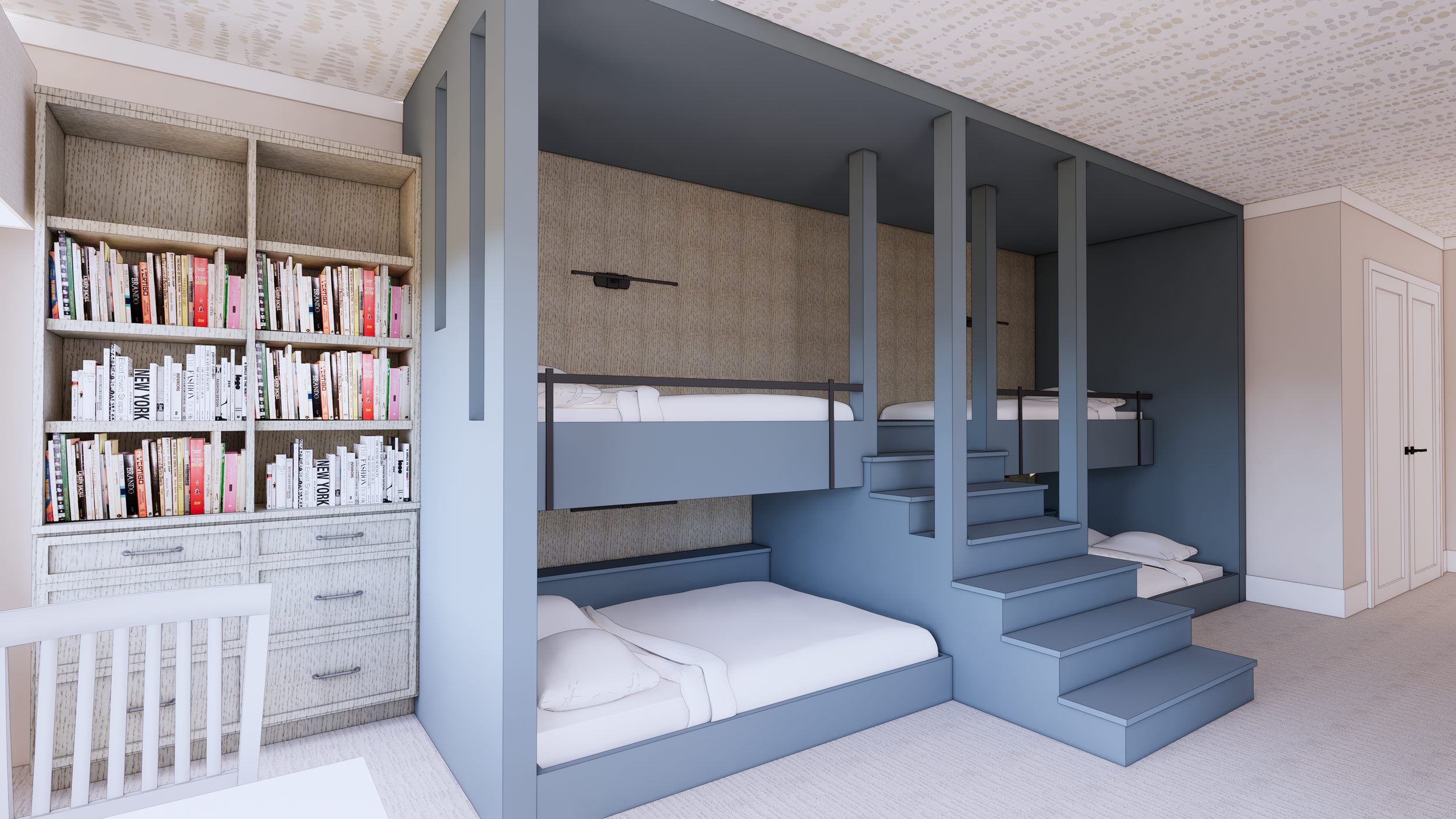 A blue bunk bed with stairs in a room with a bookshelf, a white chair, and closet doors.