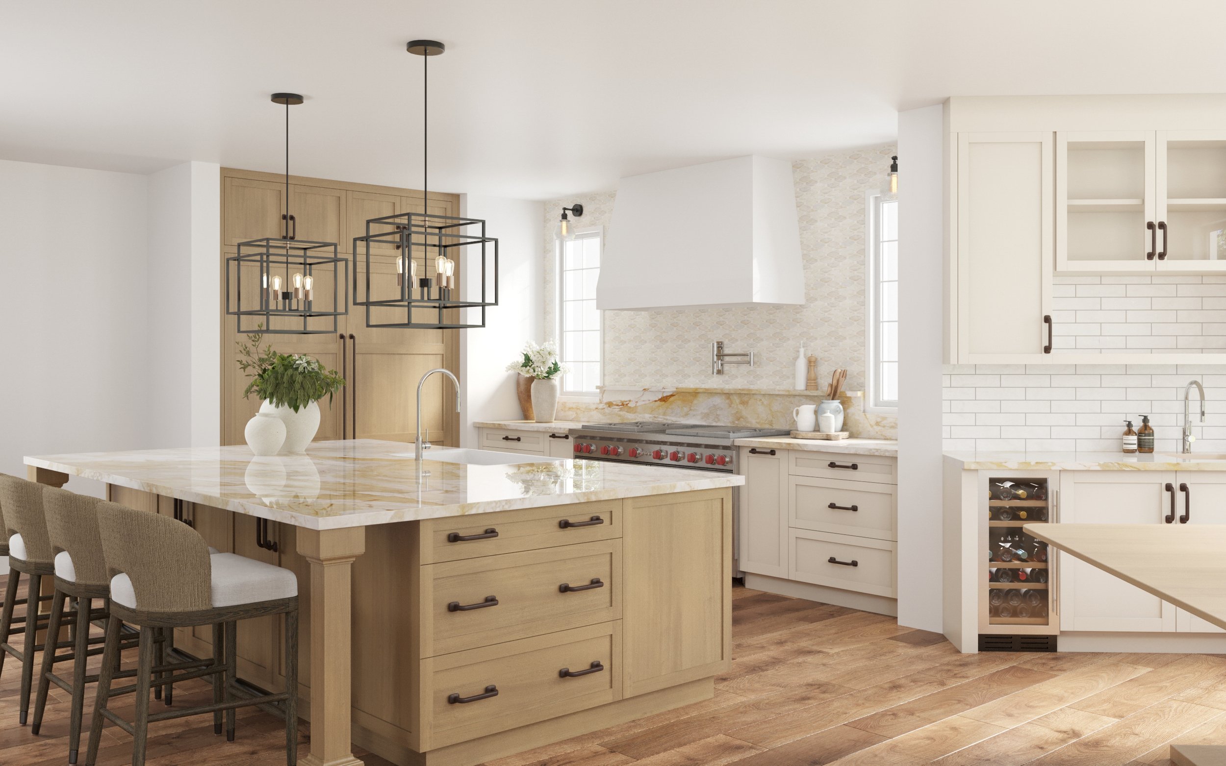 Bright kitchen with light wood and white cabinetry, central island with marble countertop, black metal pendant lights, wine fridge, and decorative vases.