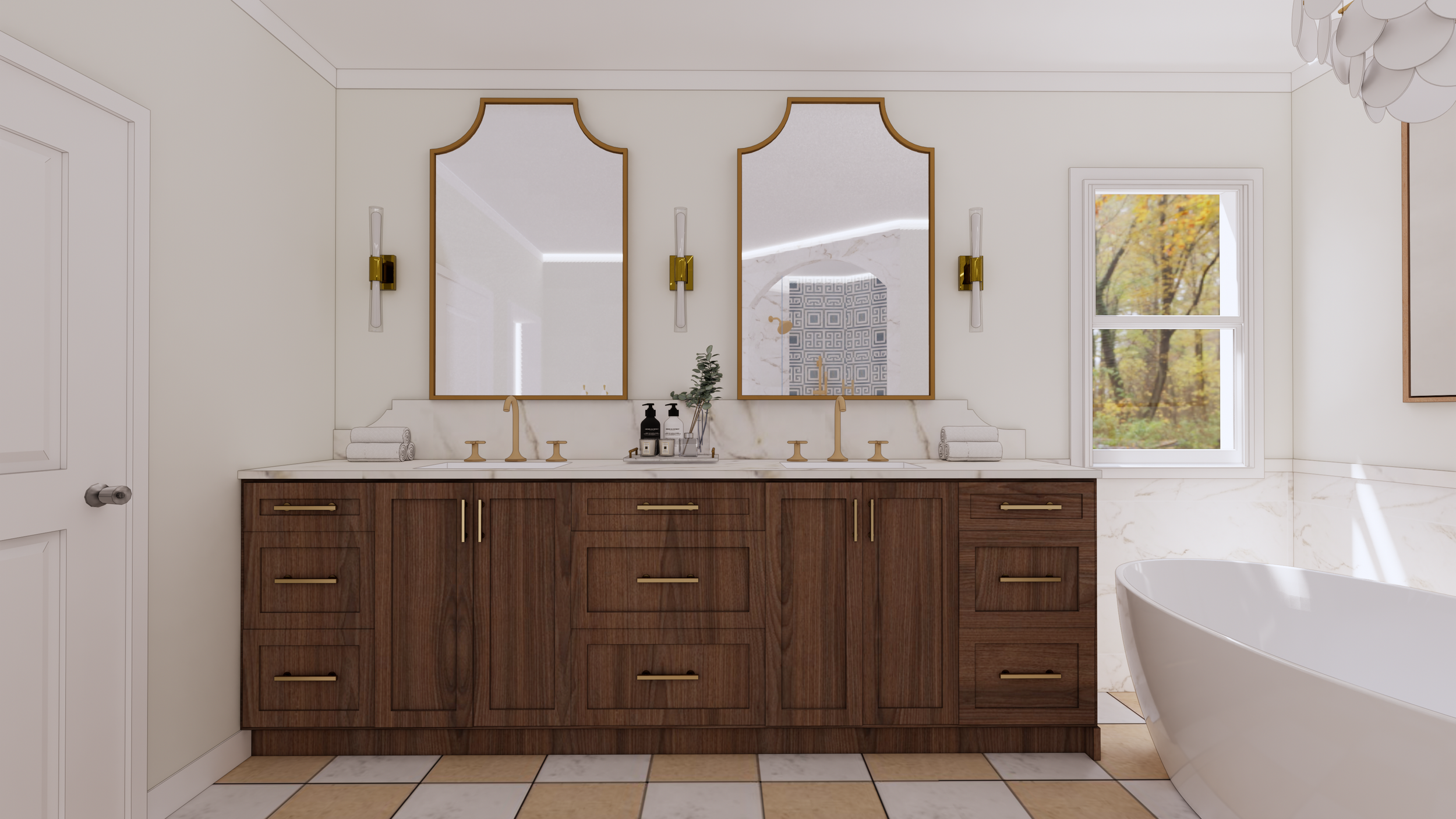Bathroom with double vanity, two mirrors, gold fixtures, dark wood cabinets, window showing trees with autumn foliage, and a bathtub on the right.