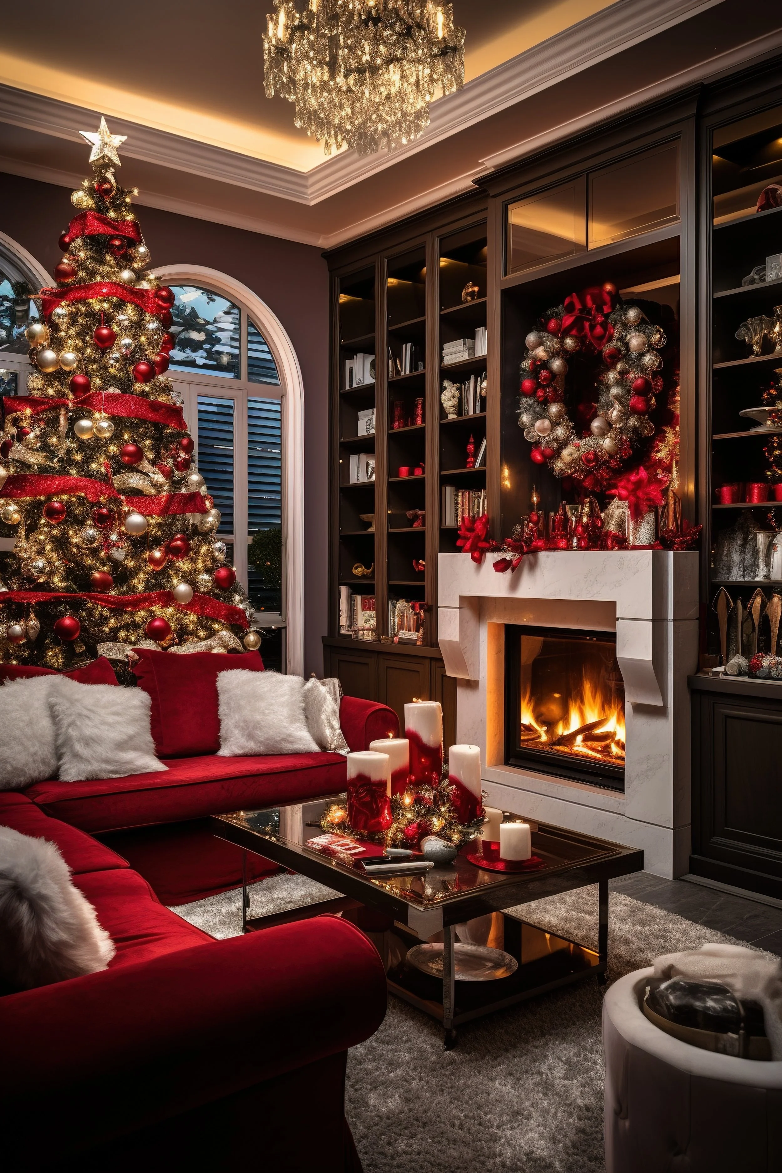 A cozy living room decorated for Christmas with a lit Christmas tree, a fireplace, and holiday ornaments, including a wreath and candles, with a red sofa and plush pillows.