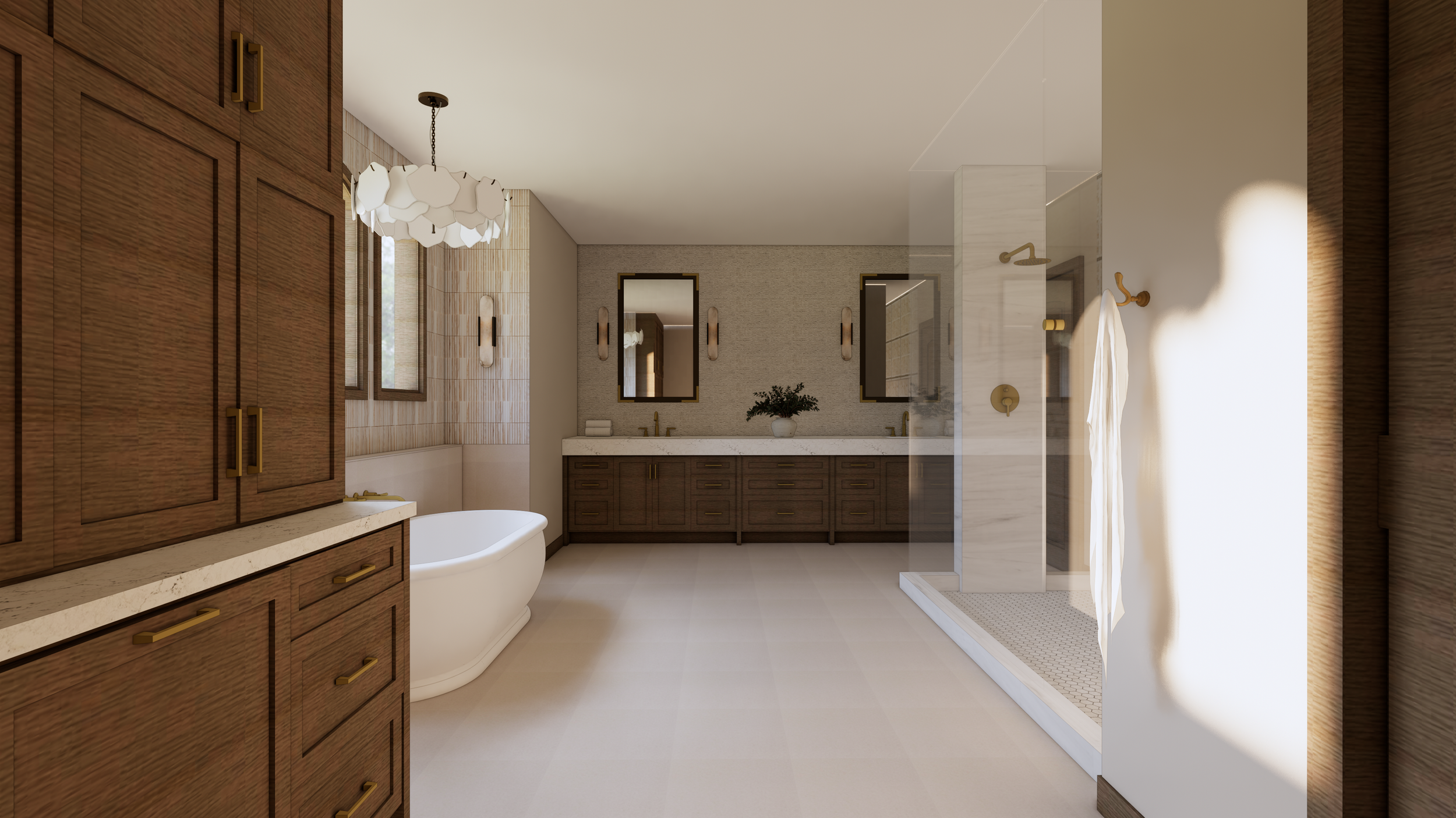 A modern bathroom with a wooden cabinet, a freestanding bathtub, a double vanity with two mirrors, a plant, and a glass shower.