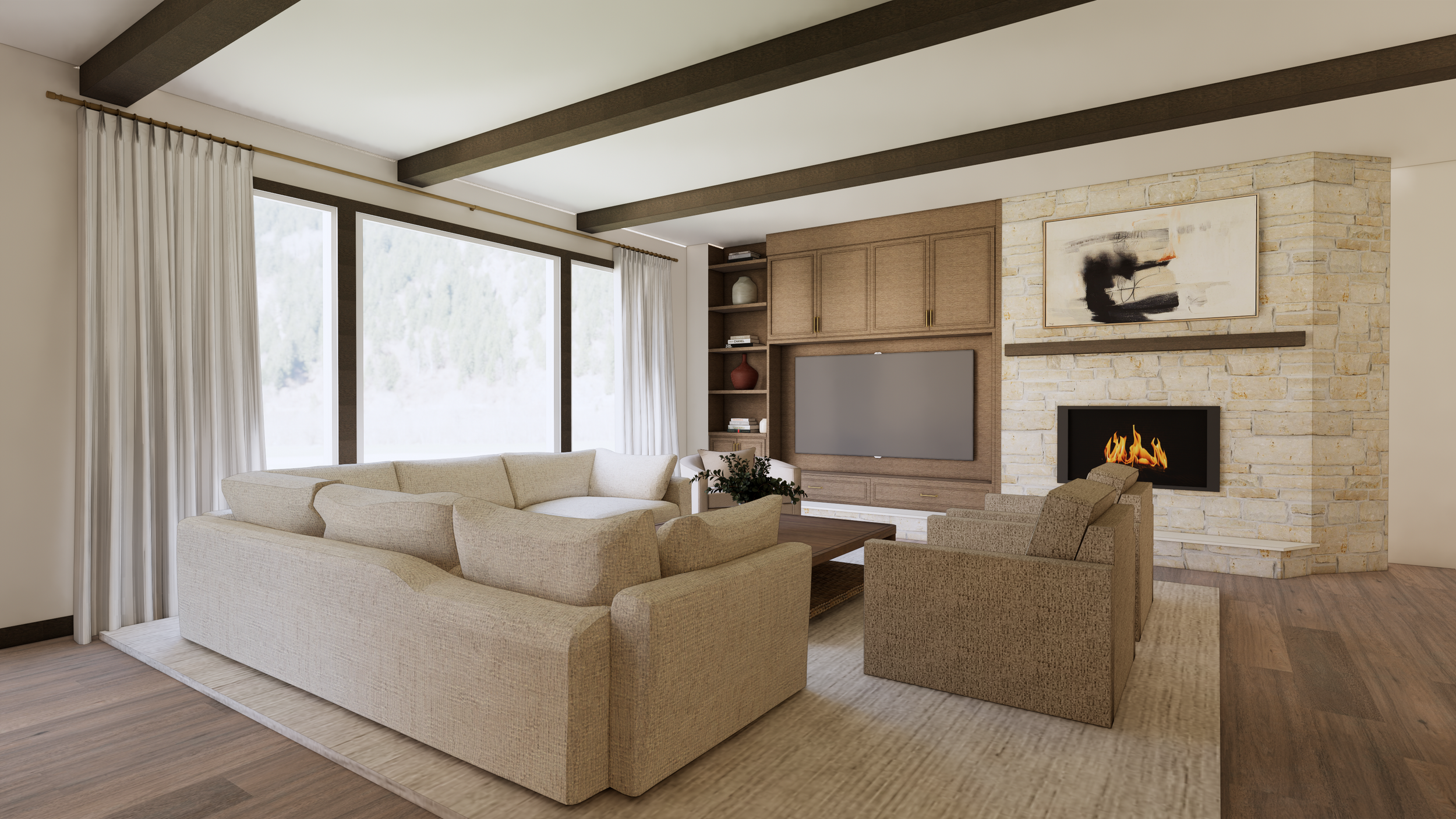 Living room with large windows, beige sofas, a fireplace, and a stone wall with a modern abstract painting.