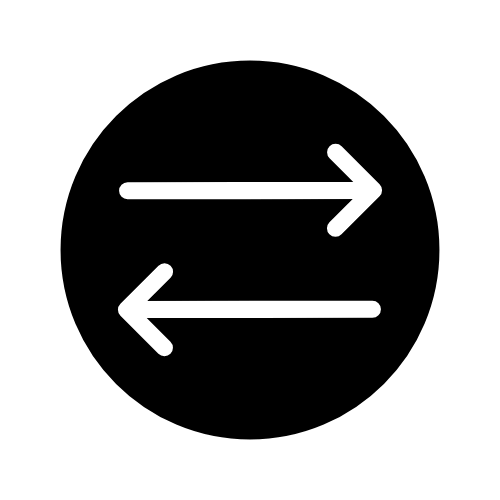 Black circular sign with a white border and two arrows pointing in opposite directions, one to the right and one to the left.