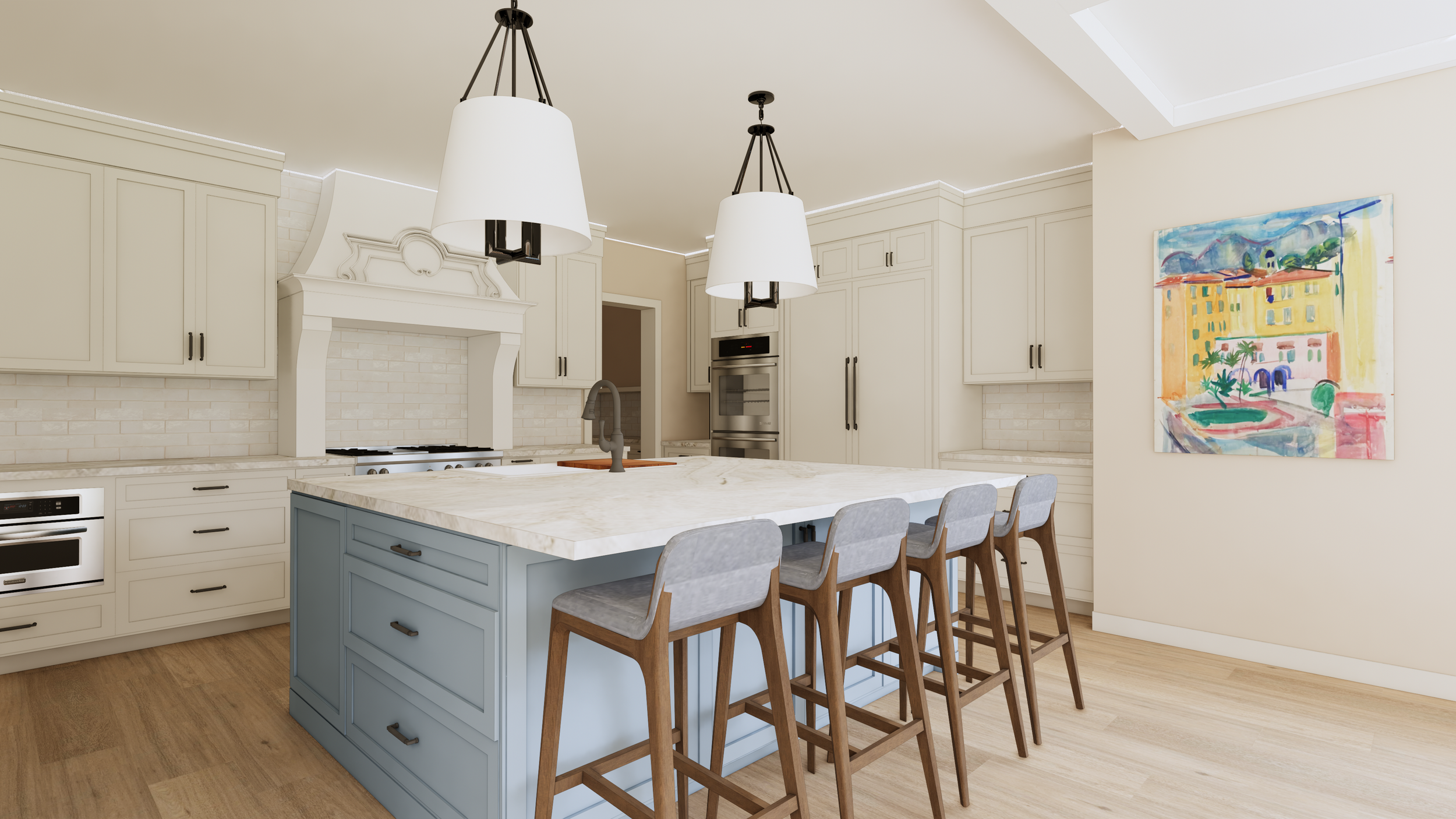 A modern kitchen with a large white island, white cabinetry, a built-in oven, and a colorful abstract painting on the wall. Three hanging pendant lights above the island and six chairs are positioned around it.