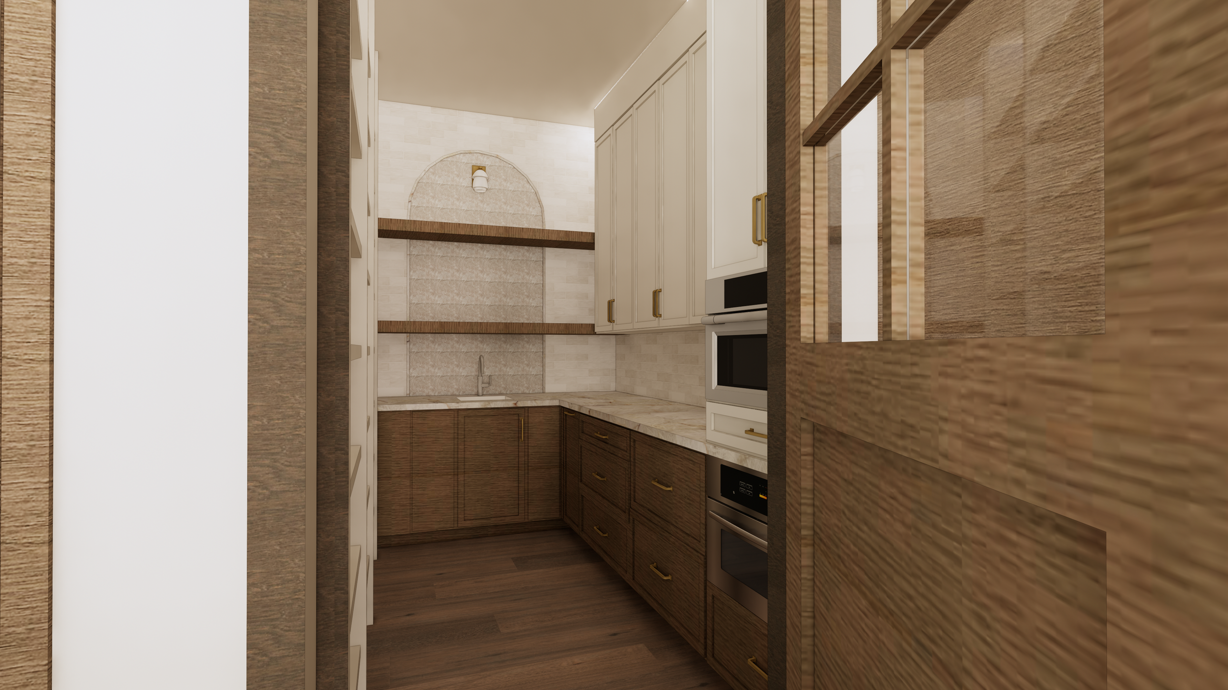 A modern kitchen with wooden cabinets, marble countertops, and a tiled backsplash. Built-in appliances and open shelving are visible, with warm lighting.
