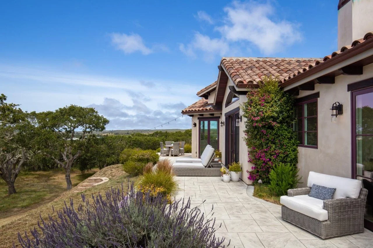 Outdoor patio with lounge chairs, potted plants, wicker sofa, and flowering shrub, overlooking trees and landscape under blue sky with clouds.