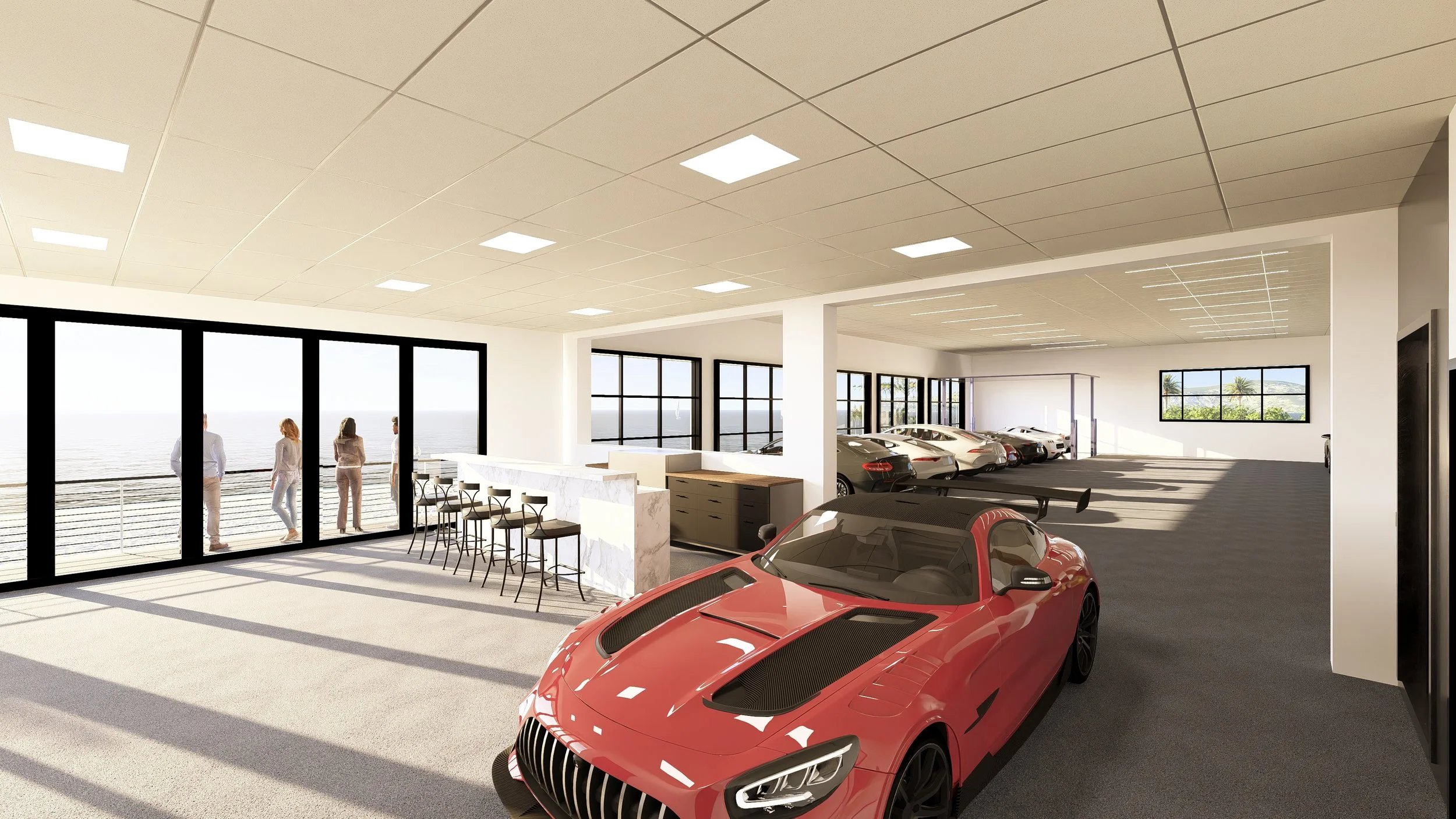 Interior of a modern luxury car showroom with a red sports car in the foreground, multiple cars parked inside, and large windows overlooking a scenic ocean view with palm trees.
