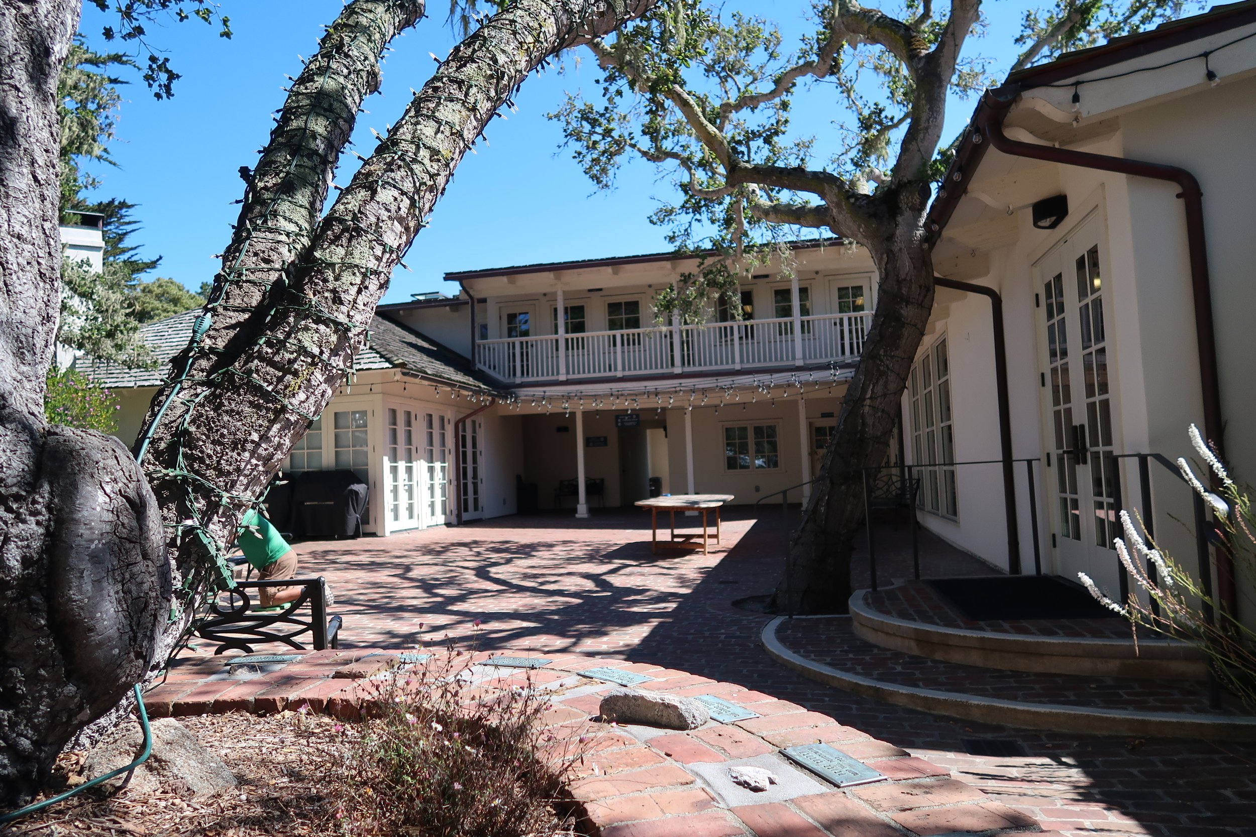View of a house with a patio, trees, string lights, and a person working near a garden bed.