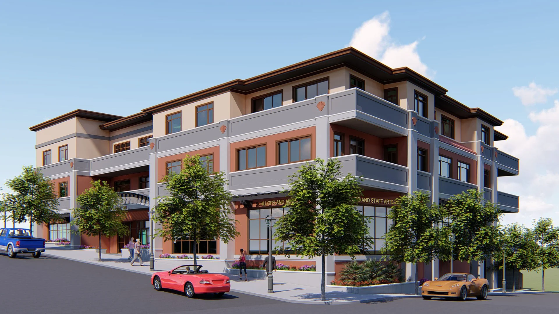 A modern multi-story building with balconies and large windows, surrounded by trees, with parked cars and people walking on the sidewalk.