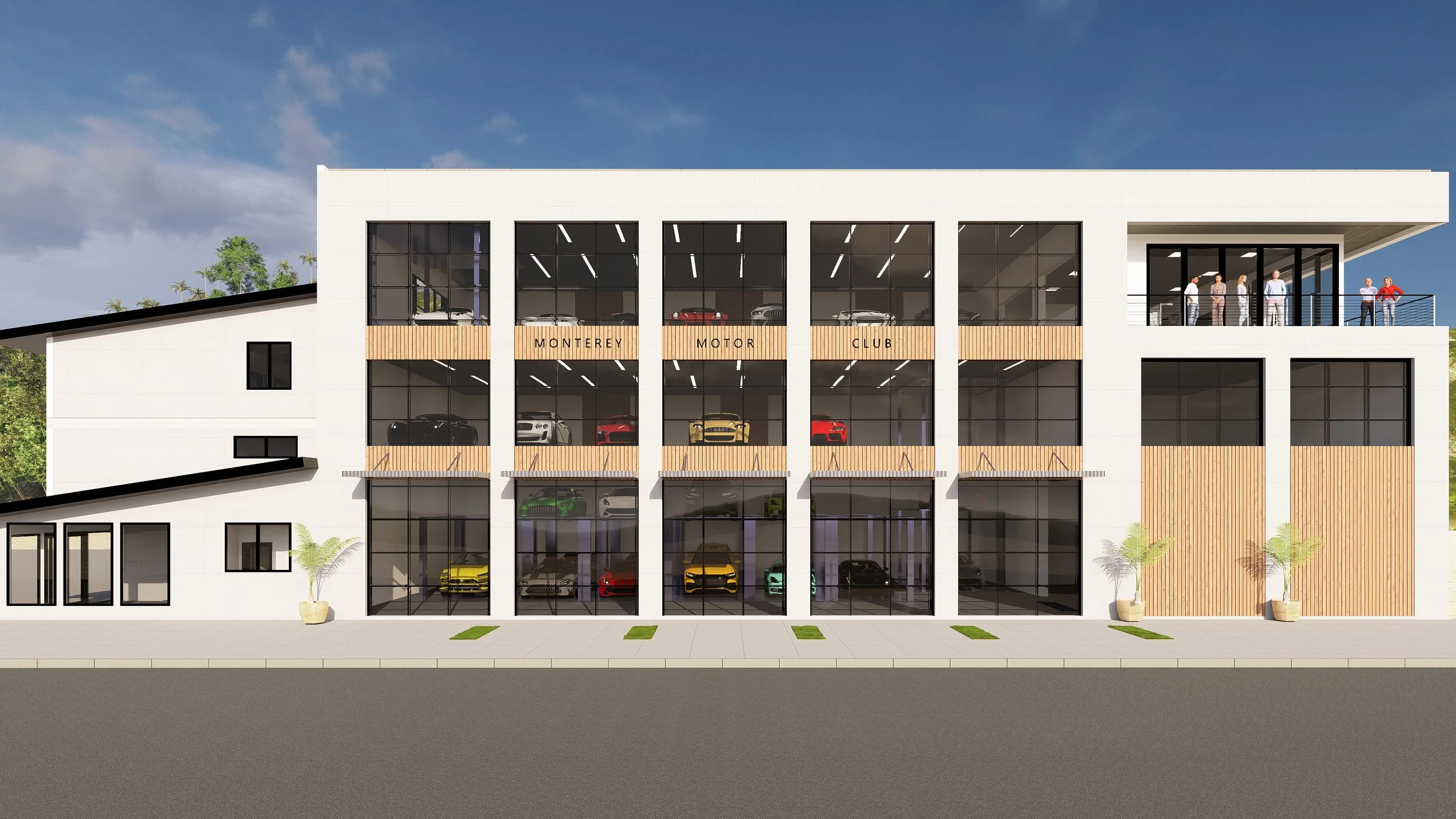 Modern multi-story car dealership building with glass windows displaying luxury cars, and people on a balcony. Sign reads 'Monterey Motor Club'.