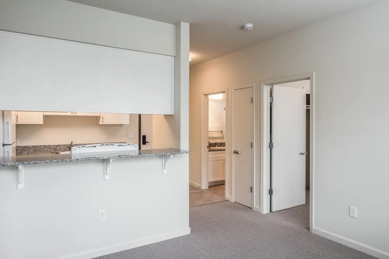 Empty living space with a kitchen counter, two open doors leading to a bathroom and a closet, and neutral-colored walls and carpeting.