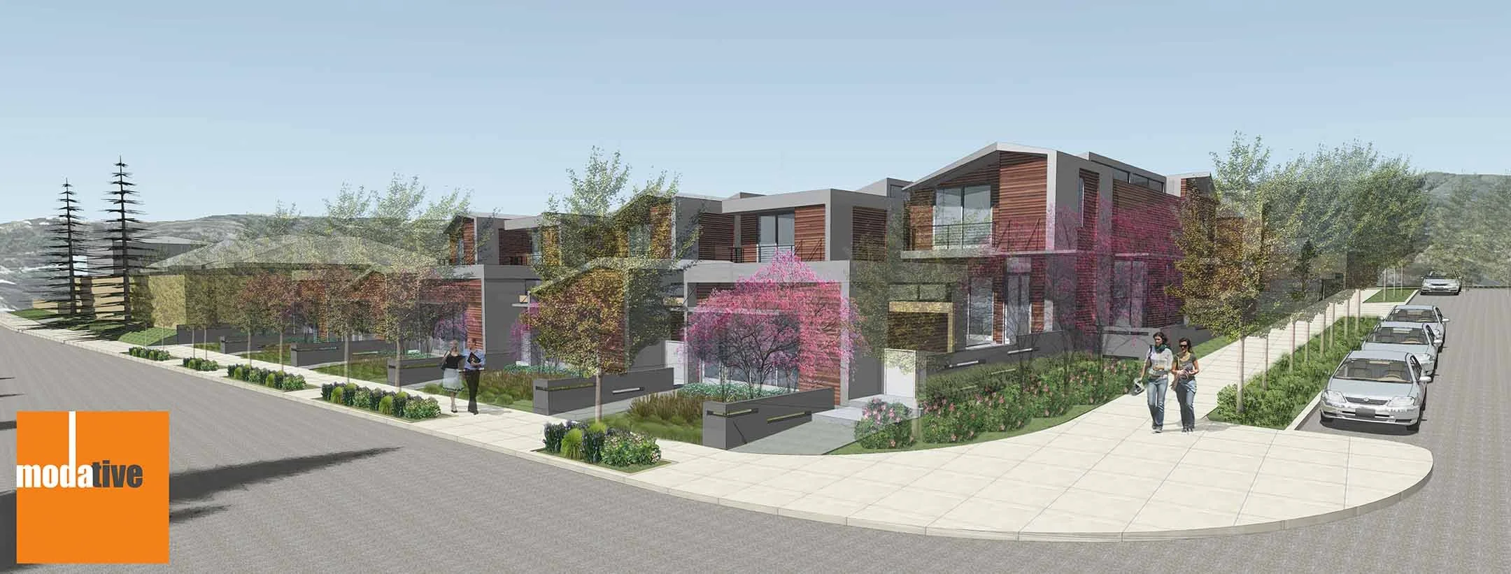Rendering of a modern residential housing development with multiple townhouses, landscaped yards, trees, and a parking area, with two women walking on the sidewalk and a digitally rendered logo in the lower left corner.