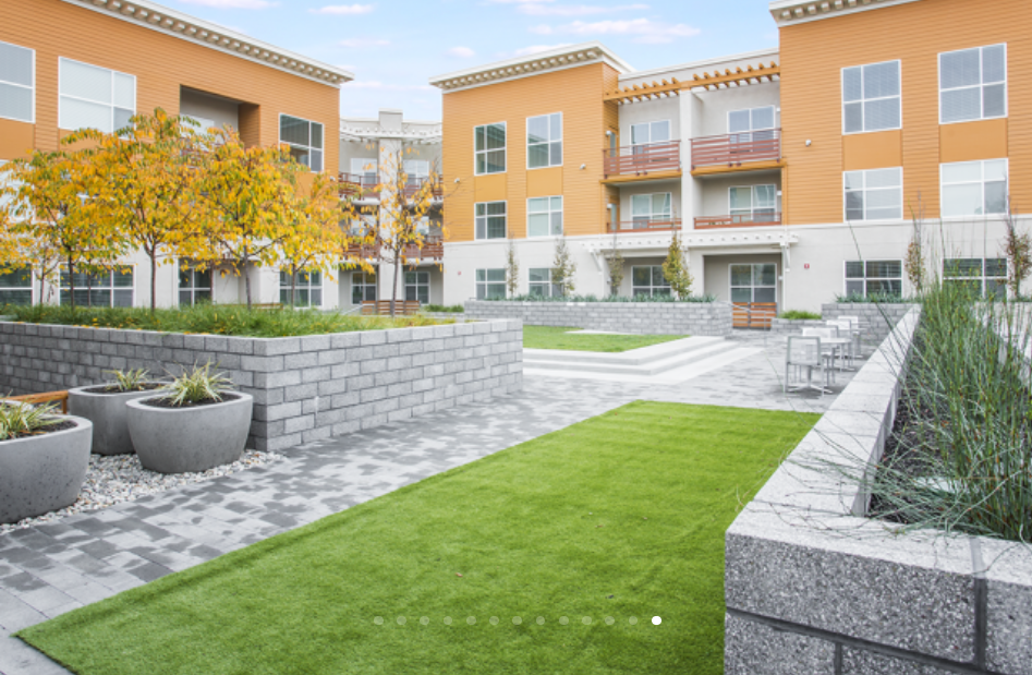 Modern apartment complex courtyard with landscaped lawn, potted plants, trees with yellow leaves, outdoor seating, and multi-story residential buildings.