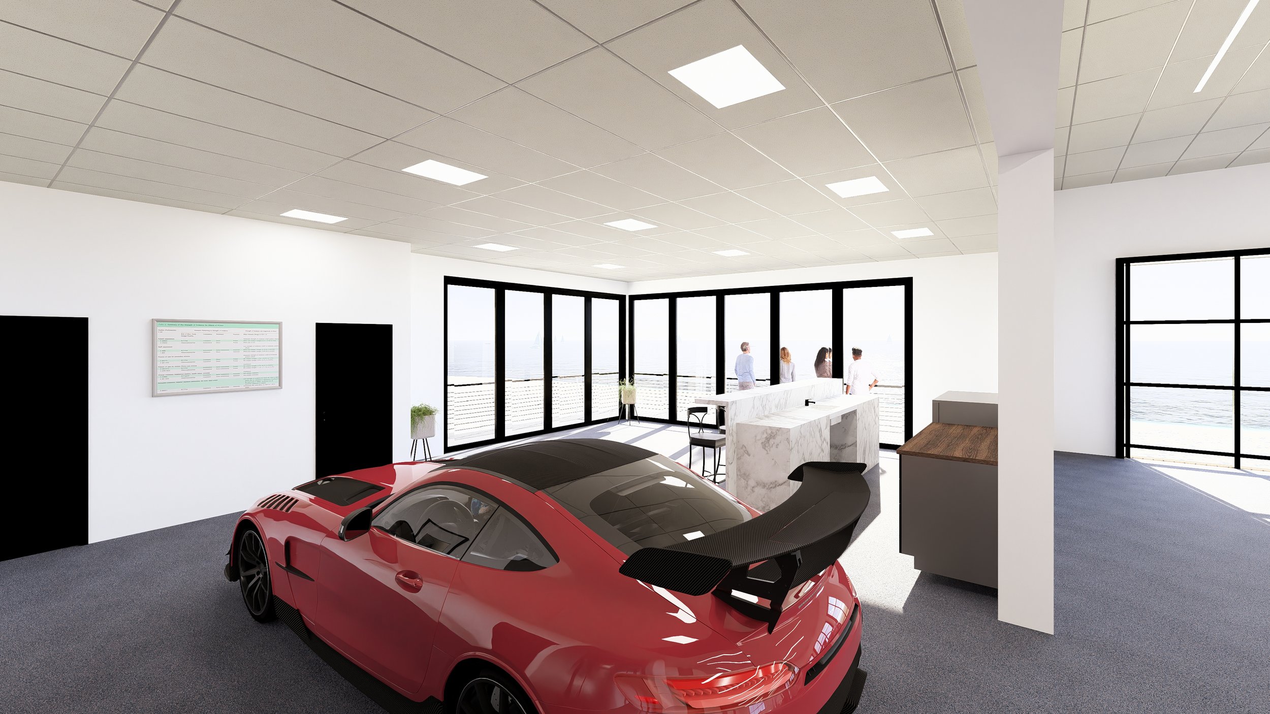 A red sports car with a large rear wing inside a modern building with large windows and a white interior, overlooking a body of water.