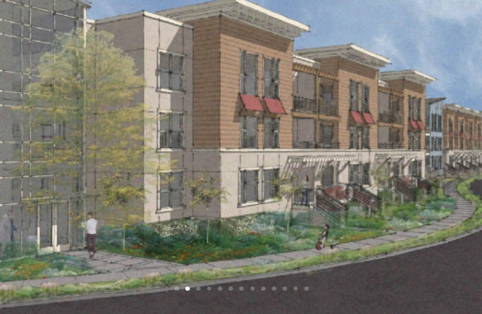 Rendering of a modern residential apartment complex with multiple buildings, stairs, landscaping, and people walking outside.