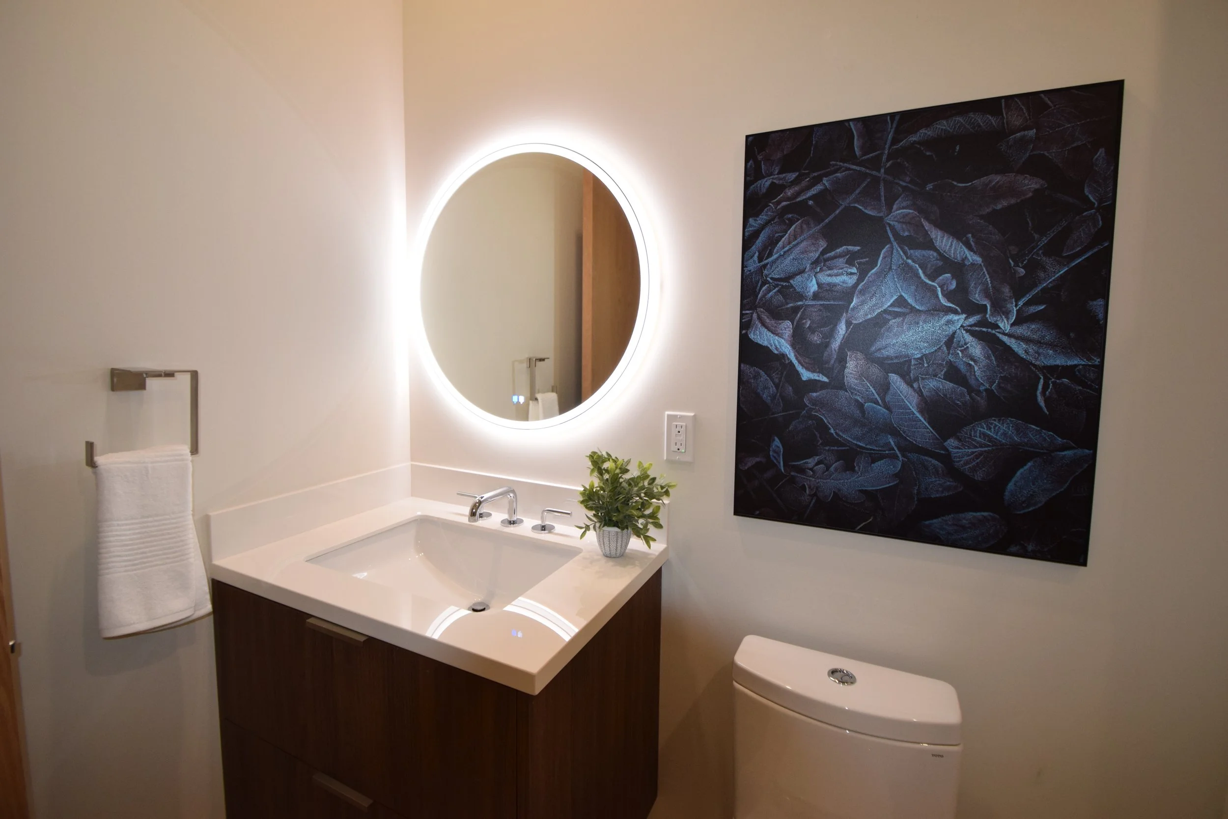 A modern bathroom featuring a white countertop with a sink, a wall-mounted oval mirror with backlighting, a potted plant, a towel rack with a folded white towel, a black and white wall art of leaves, and a toilet.