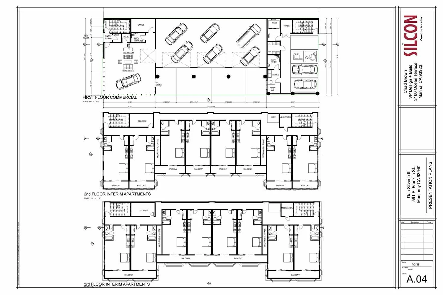 Architectural floor plan for a commercial building with parking lot, including a first floor commercial space, second-floor apartments, and third-floor apartments.