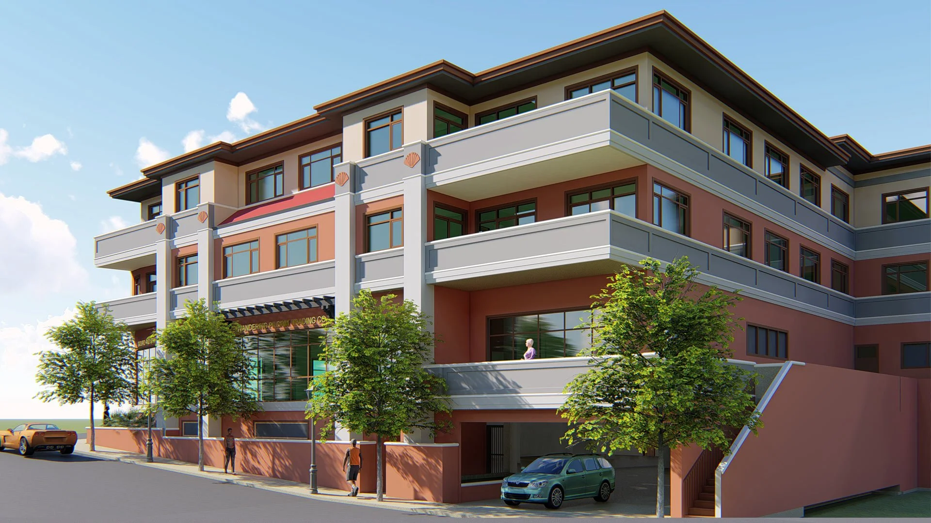 A modern multi-story apartment building with balconies and large windows, surrounded by trees and a few parked cars, under a clear sky.