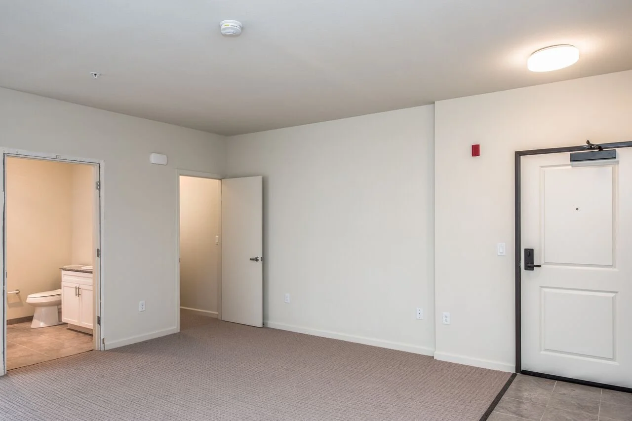 Empty room with white walls, beige carpet, and a bathroom with a toilet visible through an open door. The room has a white door with a black handle, a smoke detector on the ceiling, and ceiling lights.
