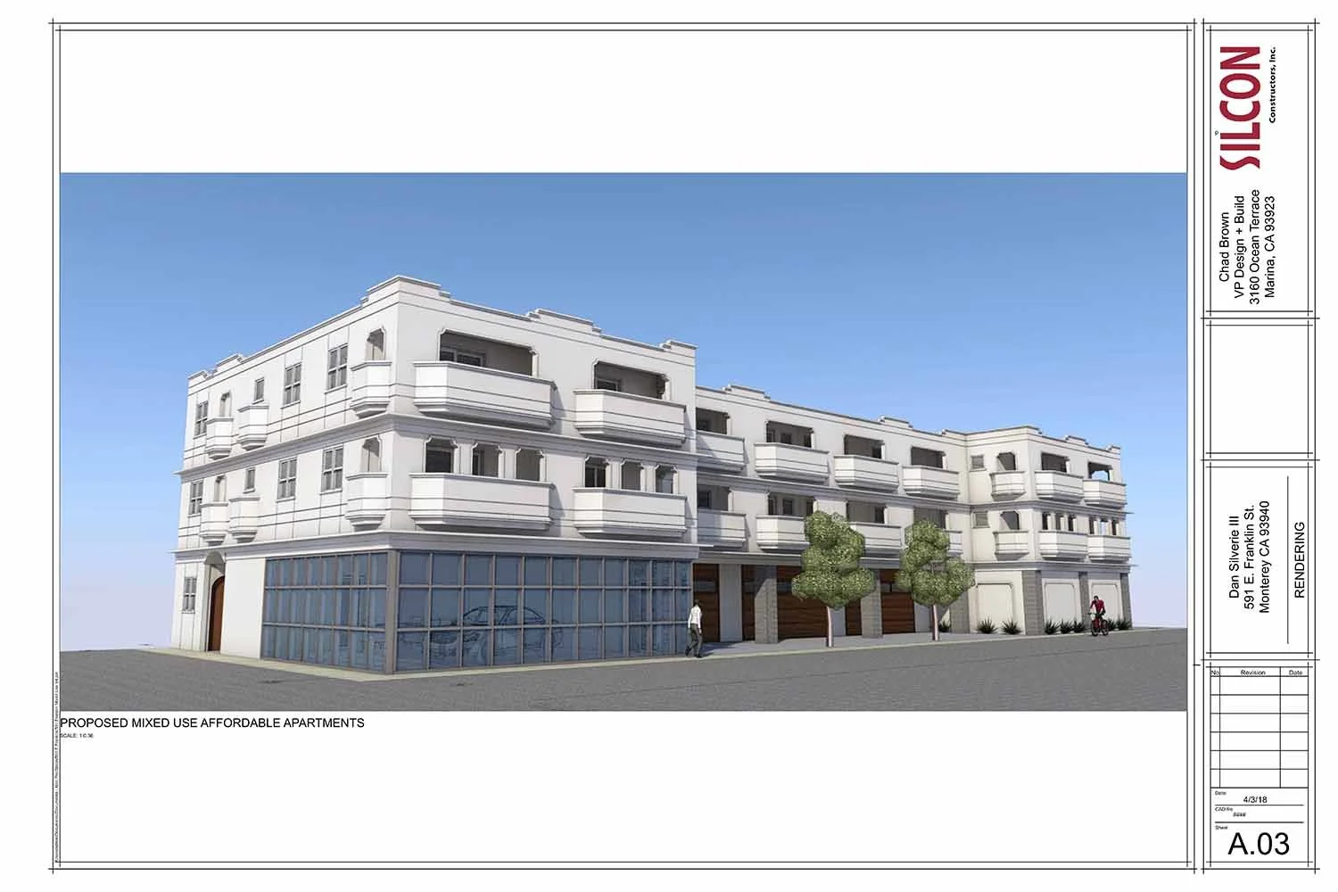 A digital rendering of a proposed mixed-use apartment building with a white facade, several floors, and balconies on each level. The ground floor features a glass storefront and wooden garage doors. There are trees and pedestrians on the street in front.