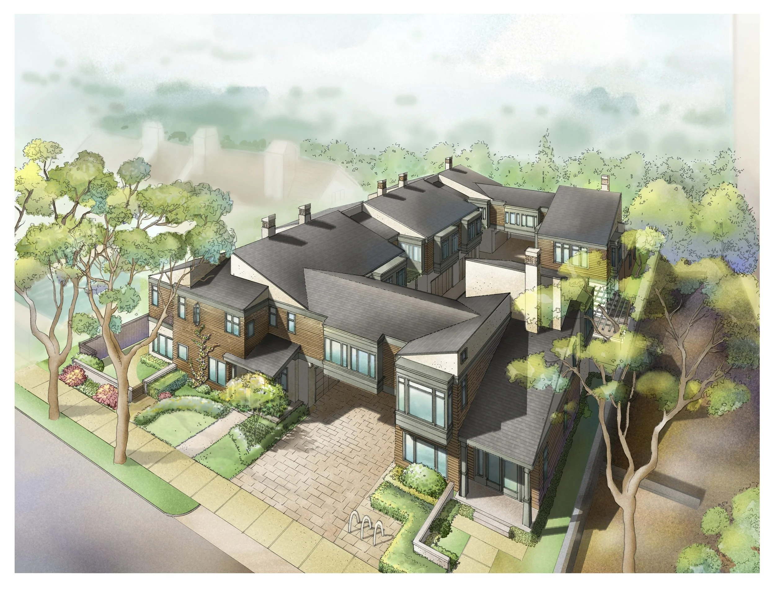 Architectural illustration of a modern residential complex with multiple gray rooftops, a courtyard, landscaped garden, and several mature trees along the sidewalk.