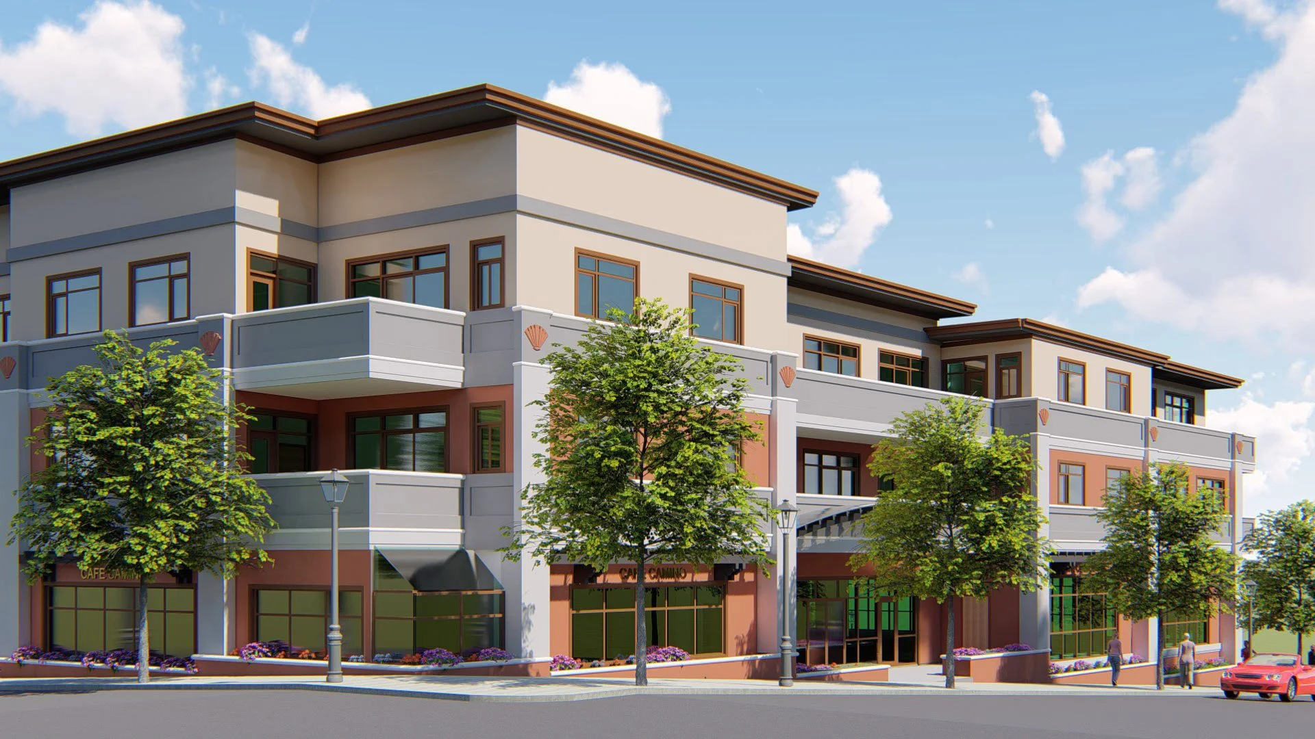 A modern multi-story building with commercial spaces on the ground floor and apartments or offices above, surrounded by trees and street lamps, with a sidewalk and parked cars in front.