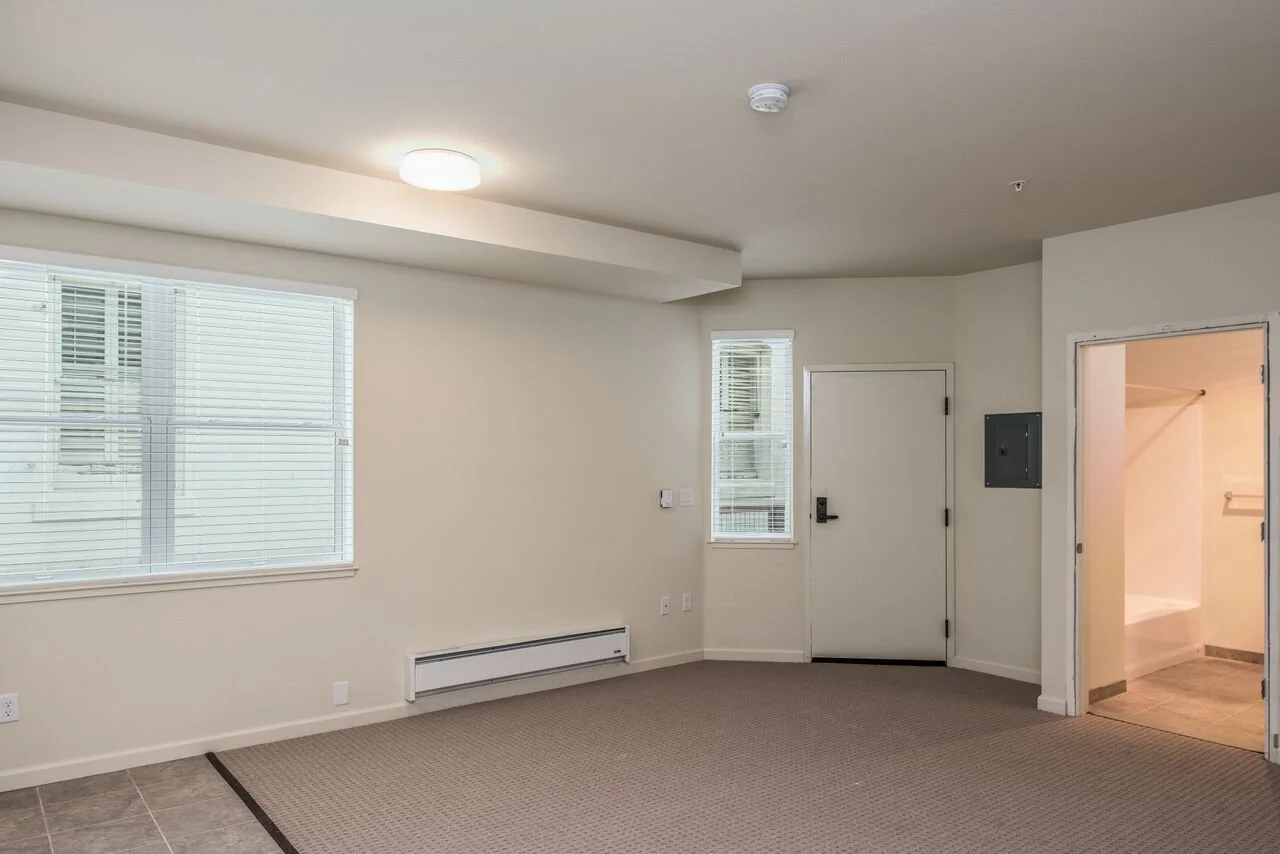 Empty living room with beige walls, two windows with blinds, a door, and a walk-in closet visible through an open doorway.