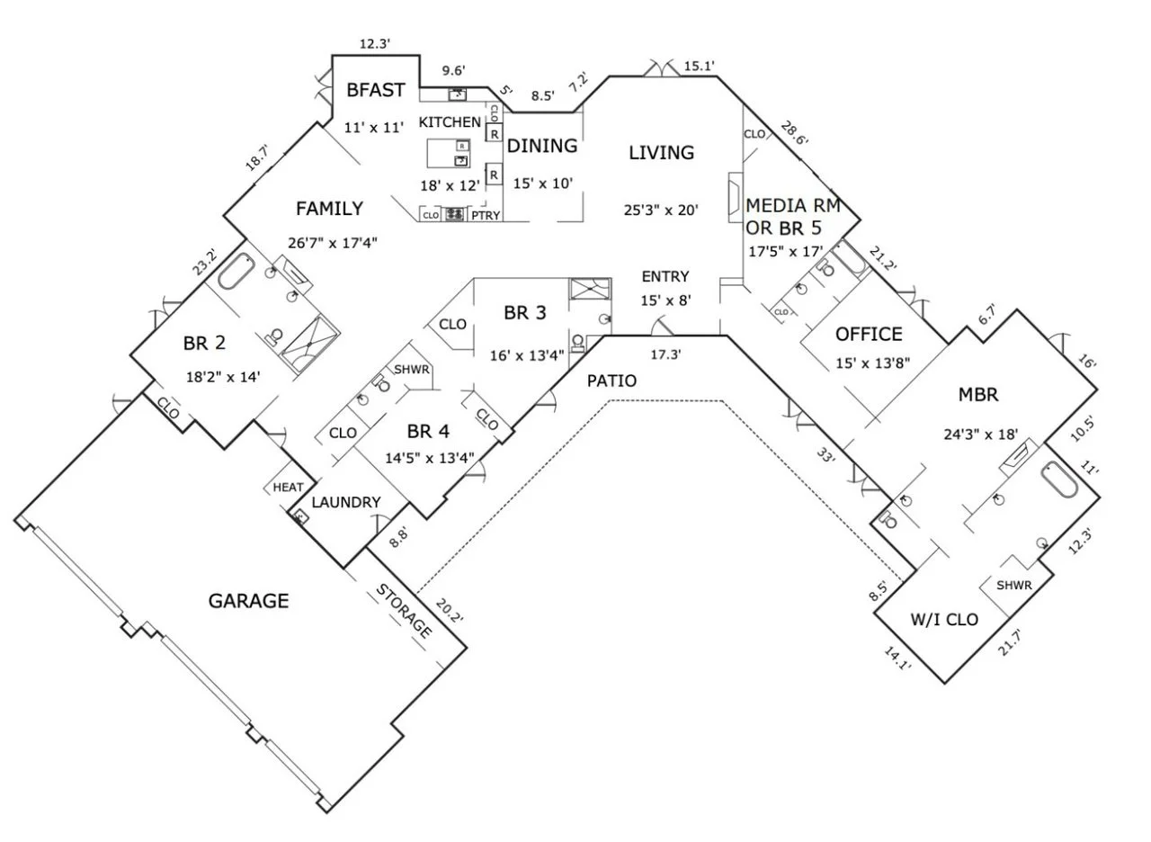 Floor plan of a house with labeled rooms including kitchen, family room, bedrooms, bathrooms, office, media room, master bedroom, laundry, garage, storage, patio, dining, living room, and entry.