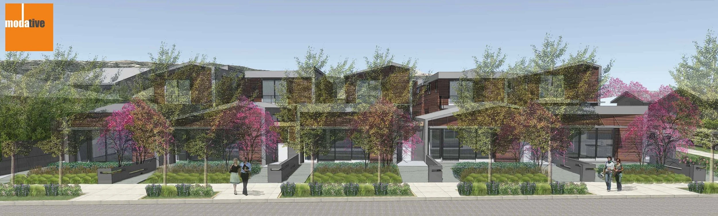 A digital rendering of modern townhouse buildings with landscaped front yards, pink flowering trees, and pedestrians walking on the sidewalk.