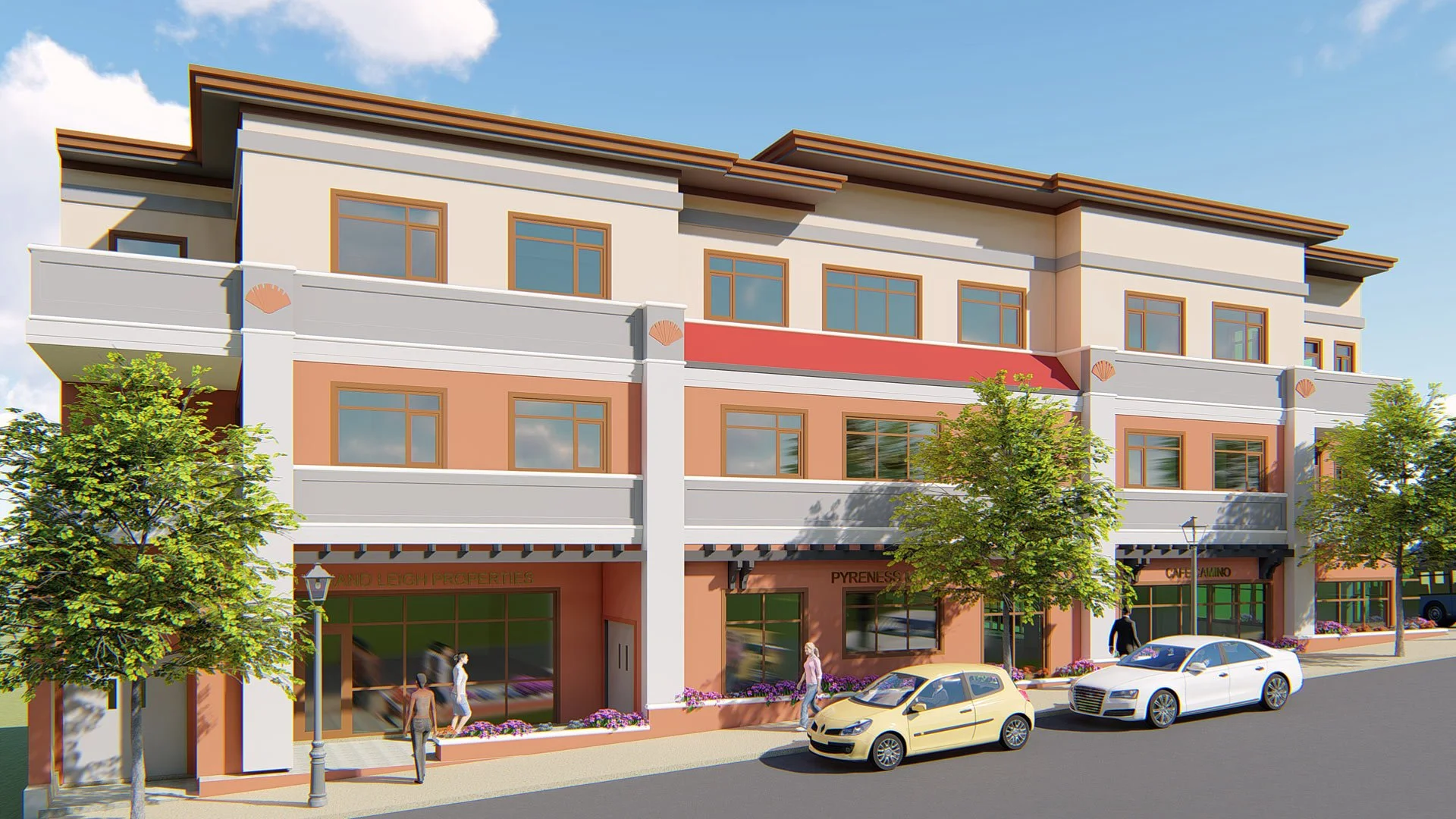 Rendering of a modern, multi-story commercial building with retail shops on the ground floor and apartments above. The building features large windows, decorative trim, and small balconies. People are walking on the sidewalk, and cars are parked in f