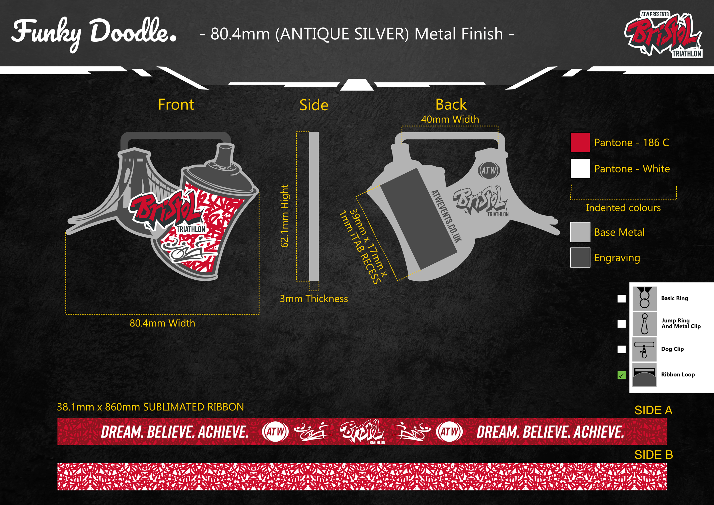Design diagram of a Bristol Triathlon medal with labels for front, side, back, and details about size, materials, colors, and ribbon.