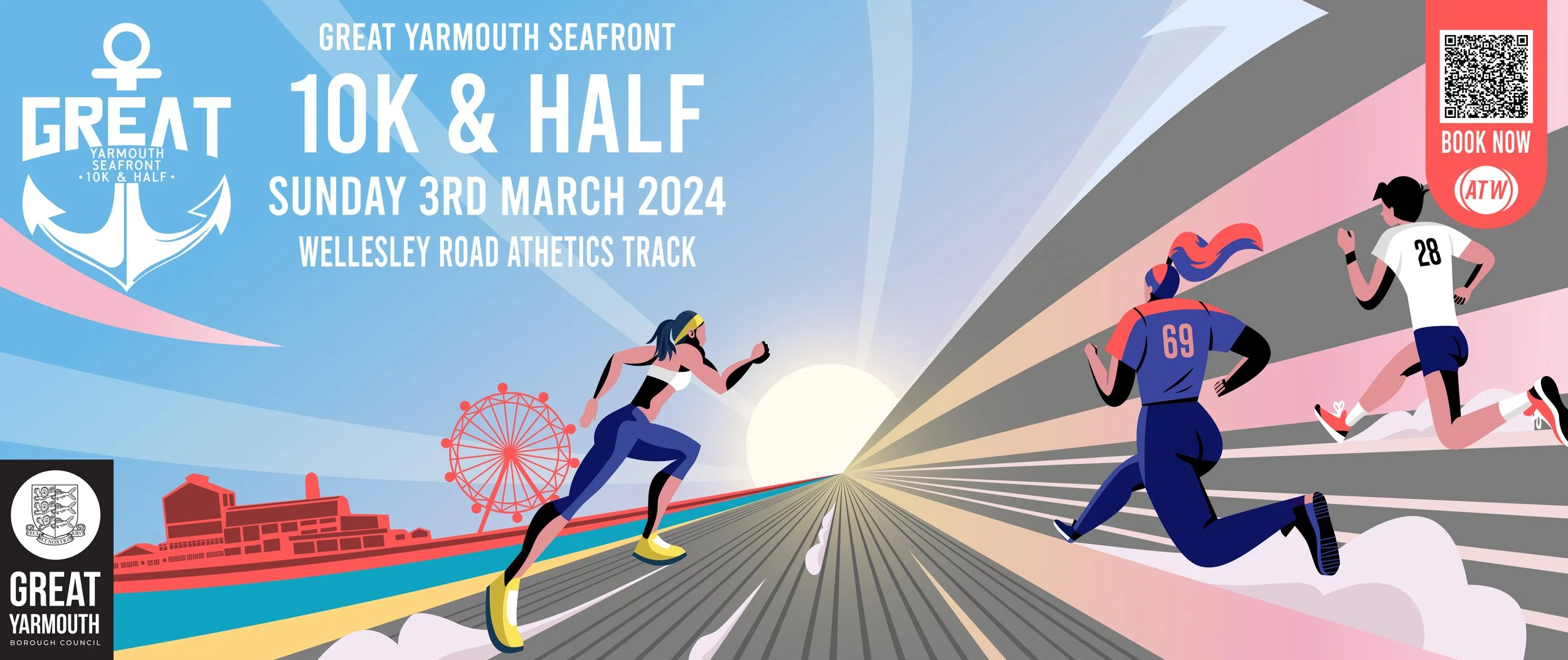Event poster for the Great Yarmouth Seafront 10K and Half Marathon, scheduled for Sunday, March 3, 2024, at Wellesley Road Athletics Track, showing runners and a ferris wheel against a sunrise or sunset background.