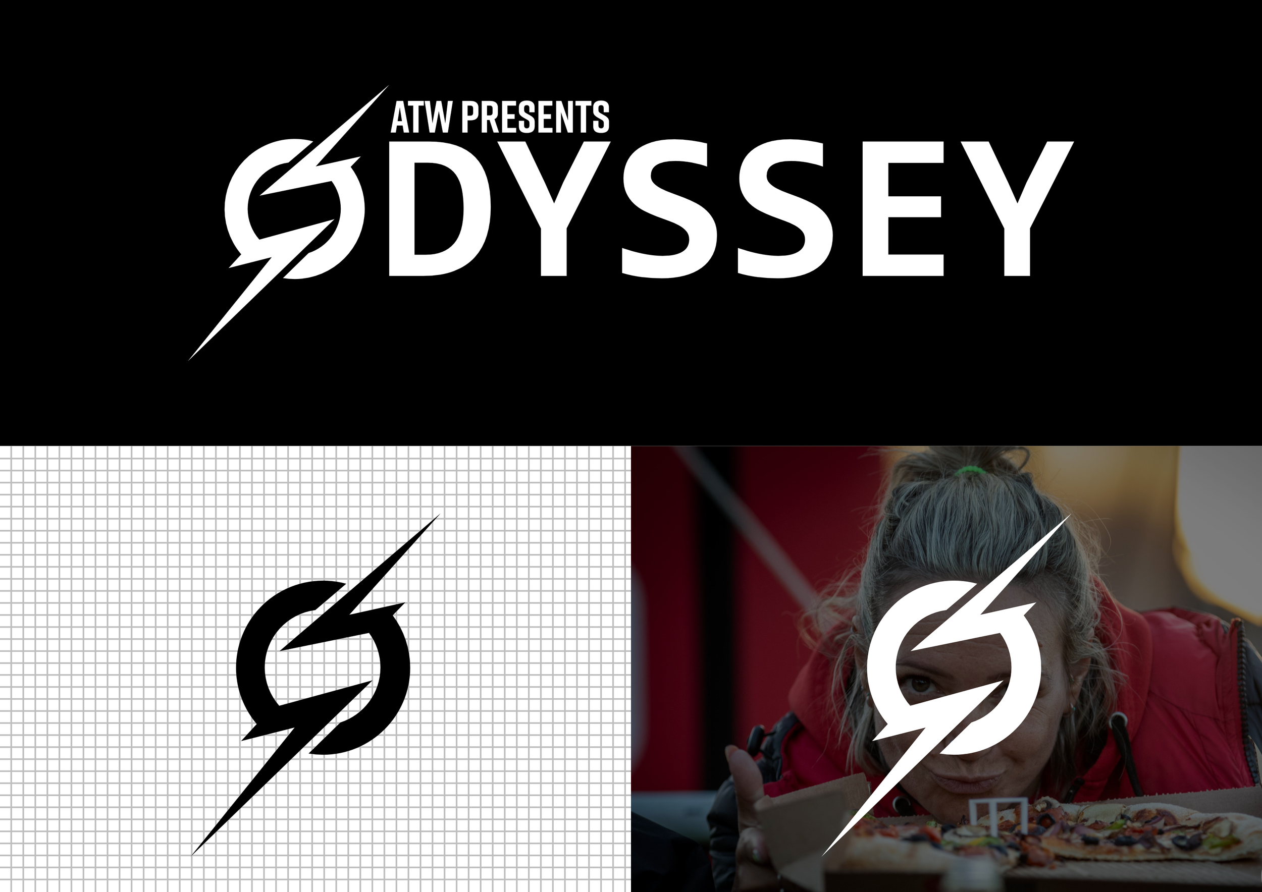 A promotional image for the documentary project 'Odyssey' by ATW, featuring a stylized lightning bolt with a circle around it and the title 'Odyssey' in bold letters at the top, with three variations of the logo: one on a grid background, one on a bl