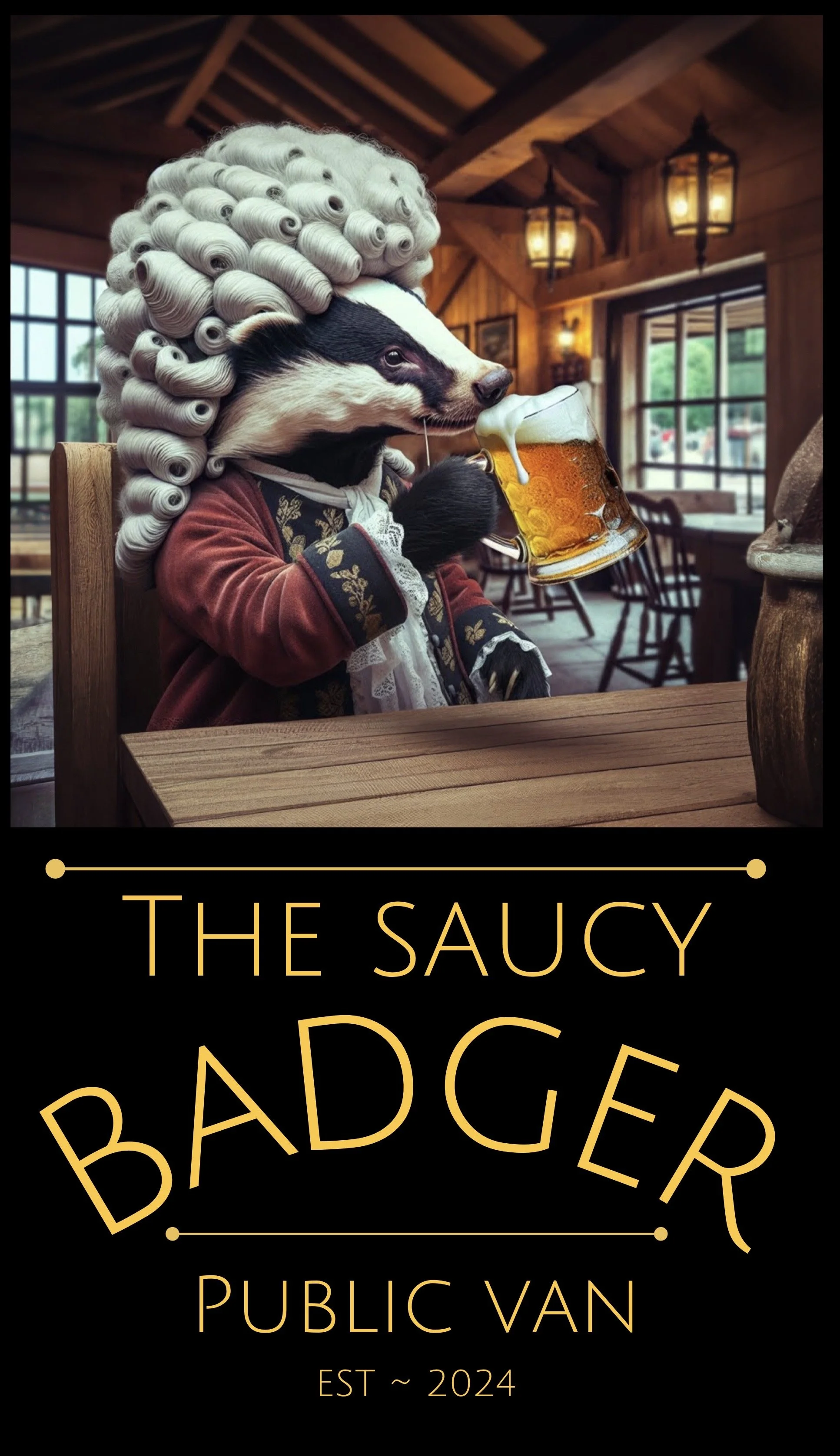 A cartoon dog with a human body dressed in 18th-century attire, wearing an elaborate powdered wig, sitting at a wooden table in a cozy, rustic tavern, and holding a mug of beer.