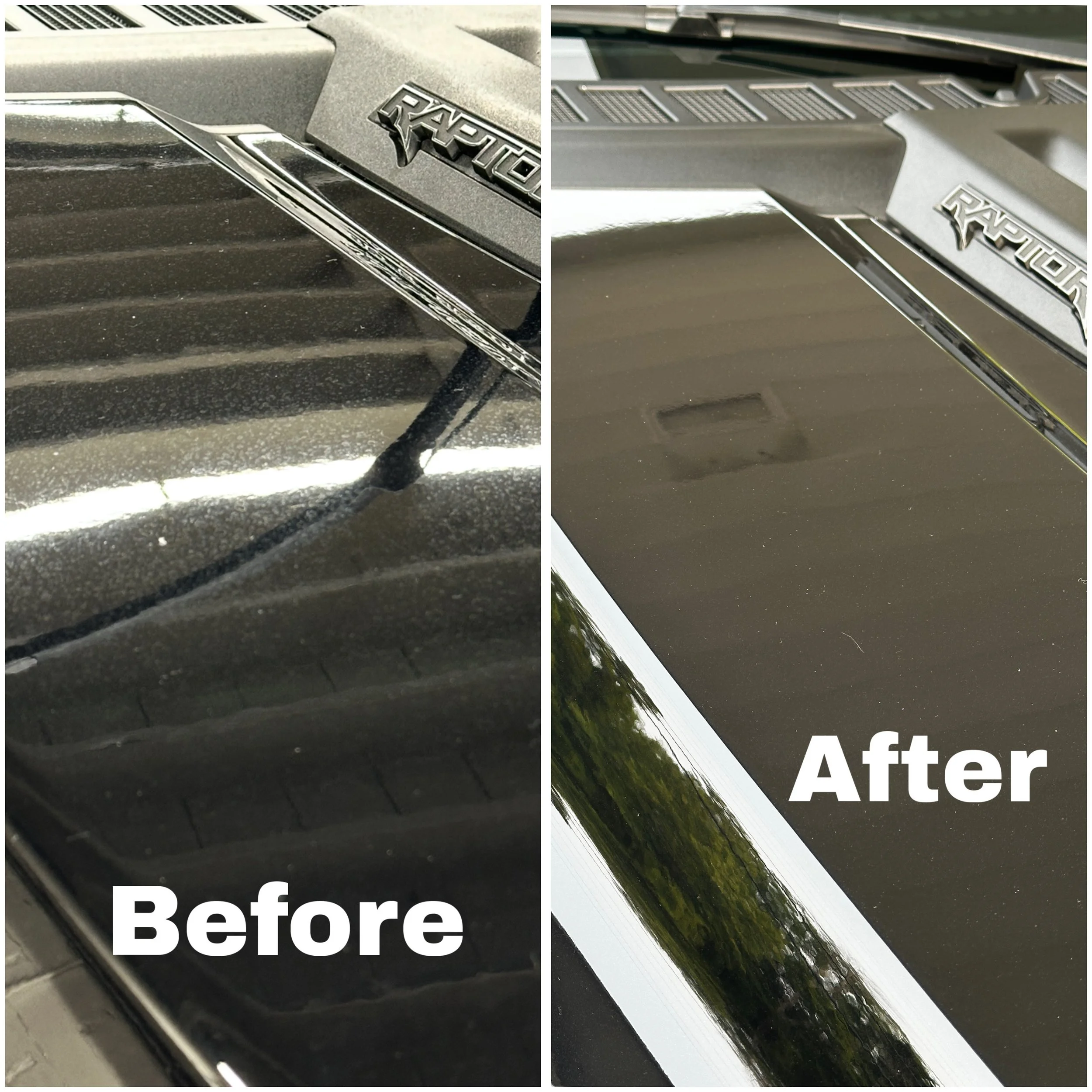 Comparison of a car's black hood before and after cleaning; the before side shows dust and dirt, the after side is clean and shiny.