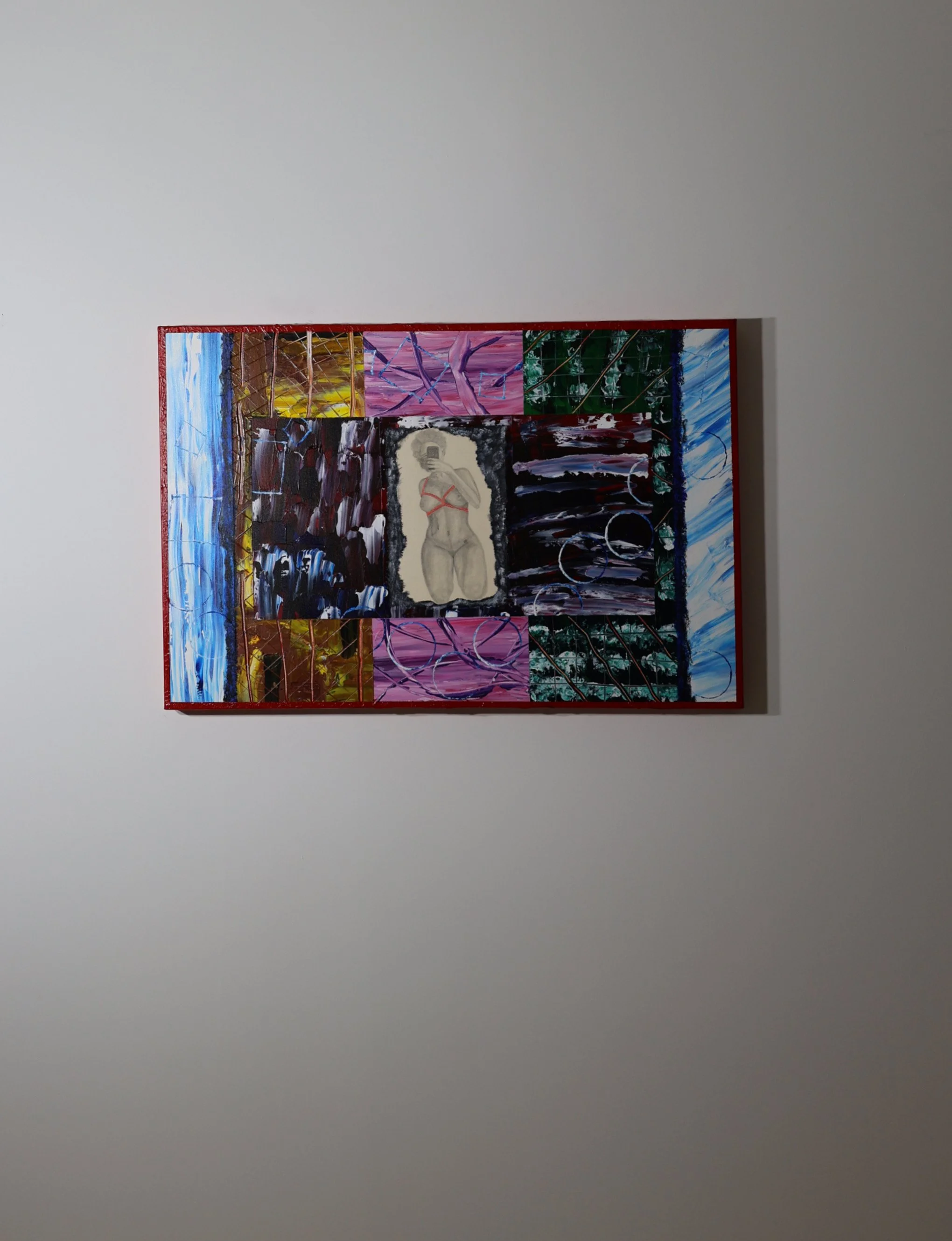 Colorful abstract painting with a central figure of a woman in a bikini, surrounded by various patterns and textures.