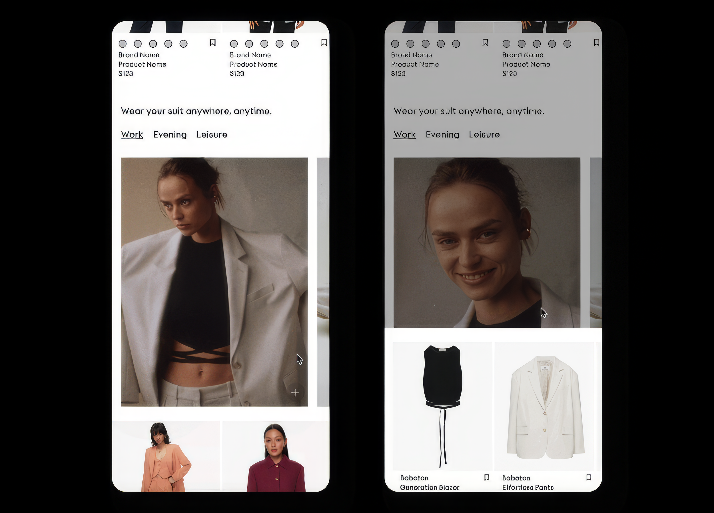 Mobile screens showing a user interface design for Artizia