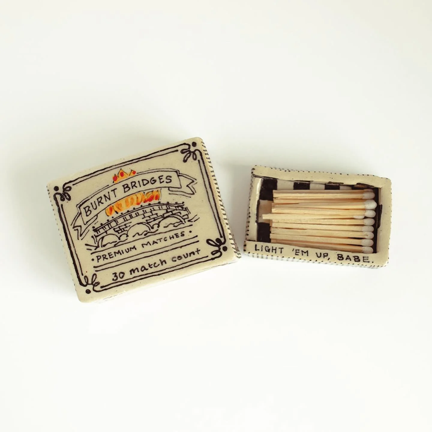 🔥 handmade ceramic matchboxes &bull; burnt bridges premium matches 😏 light em up babe #handmadeceramics #lightemup #shoplocal
