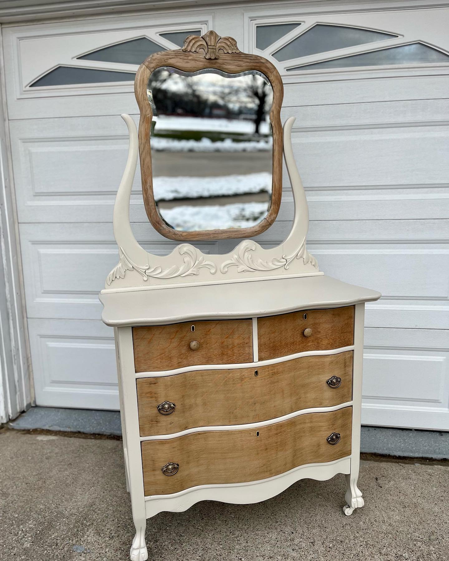 This antique family heirloom dresser set is flipped &amp; done!

My customer wanted a warm gray and a natural wood wash look, with a mix of wood and vintage metal handles and coordinated lined drawers. 

I prepped, cleaned and sanded this, used my sp