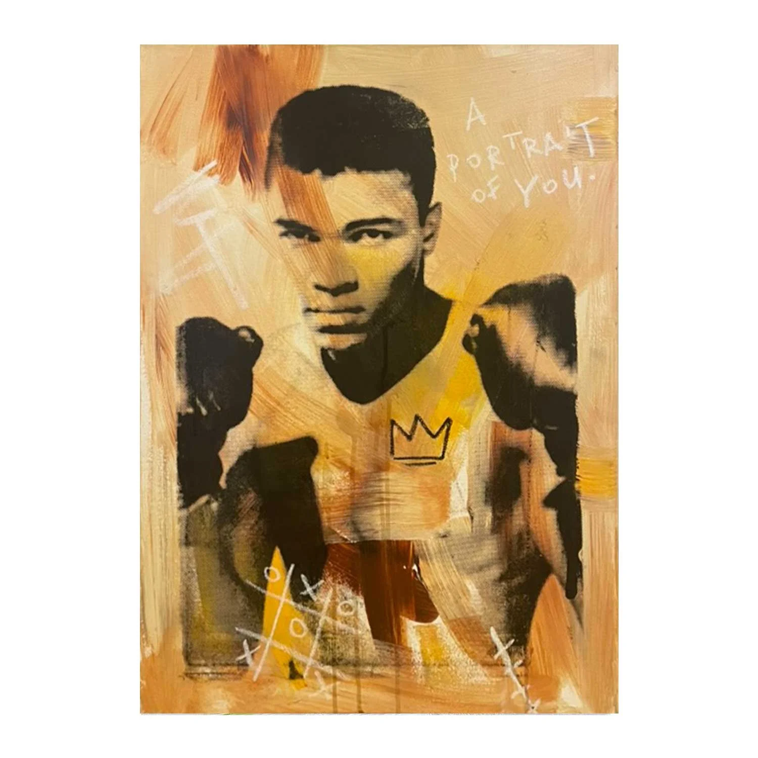Ali: 
2022
Acrylics, silk print and oil stick on canvas
70 x 50 cm